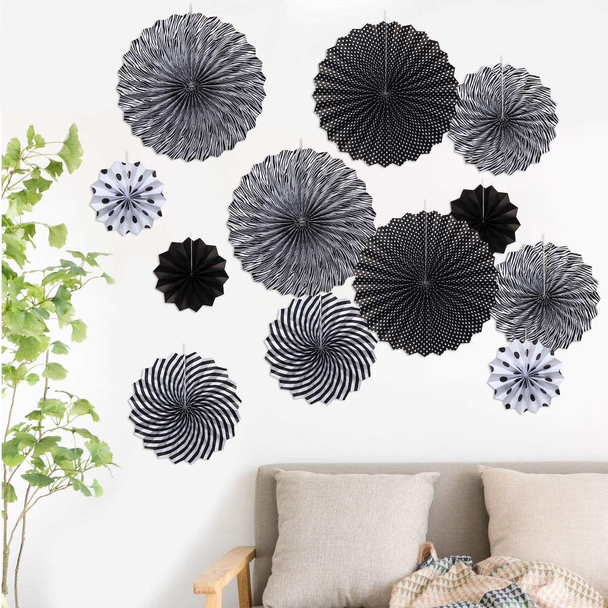 ONUPGO Black Paper Fan Party Decor Set 12PCS