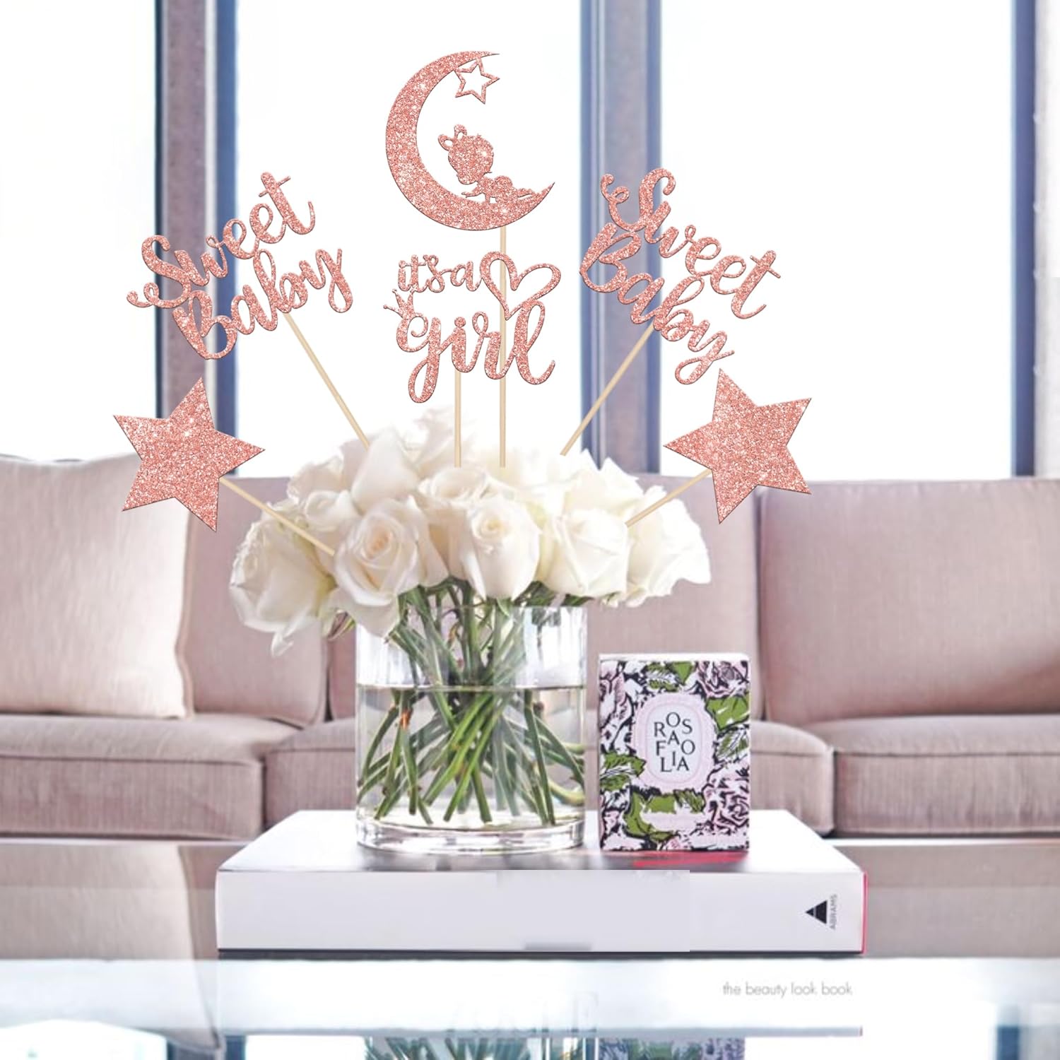 12 PCS Sweet Baby Girl Centerpiece Sticks with Rose Gold Moon Glitter