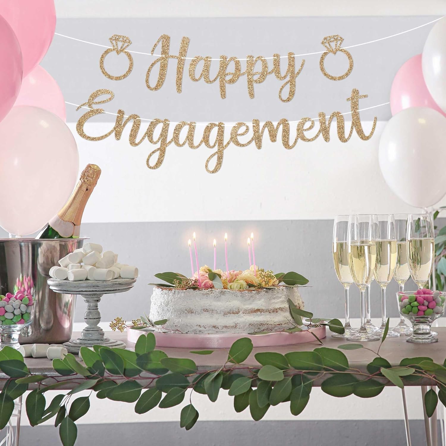 Pre-Strung Gold Glitter Engagement Banner - No DIY