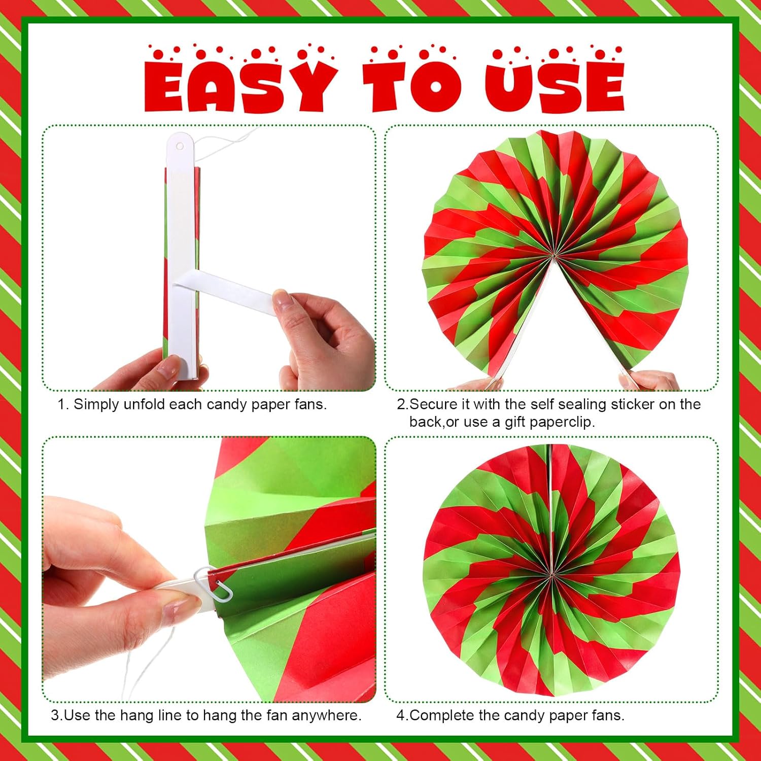 Outus Christmas Candy Paper Fans 9 Pcs Red Green Decorations