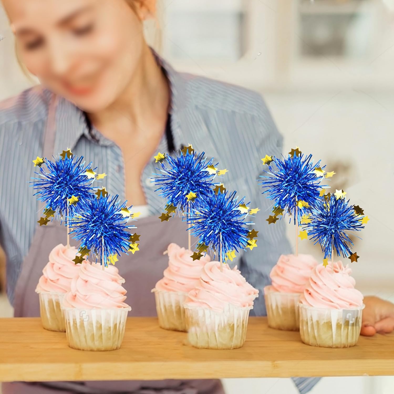 30 PCS Foil Firework Cupcake Toppers Blue Sparkle