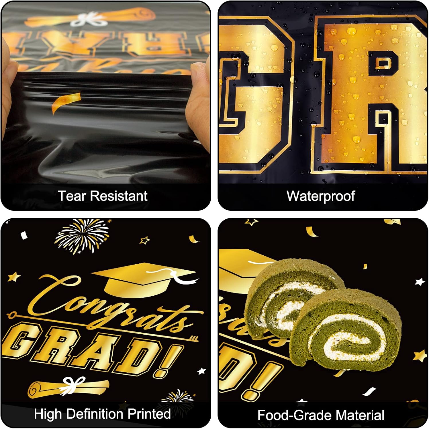 3 Pcs Graduation Tablecloth - Black Gold 54x108 Inch