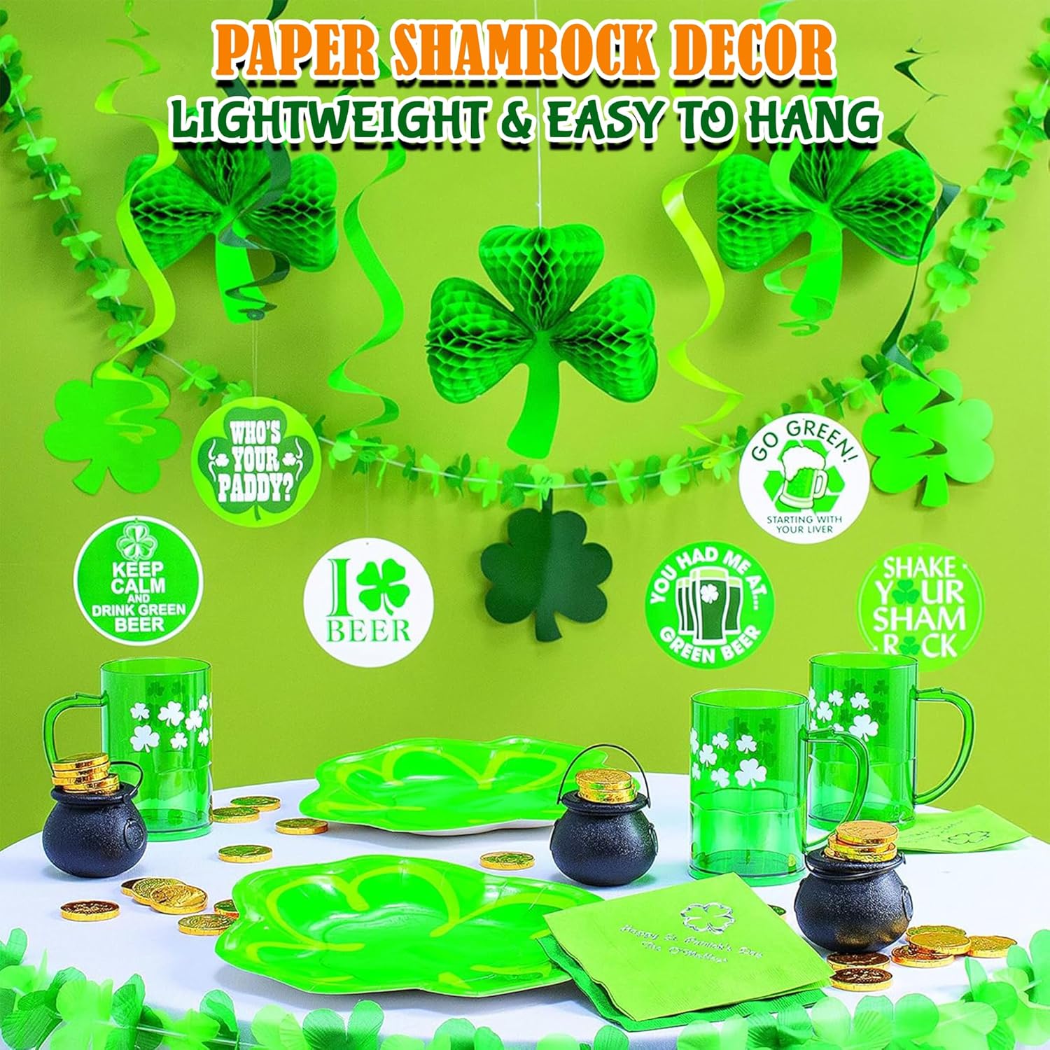 St Patricks Day Shamrock Tissue Hanging Decor Set of 3