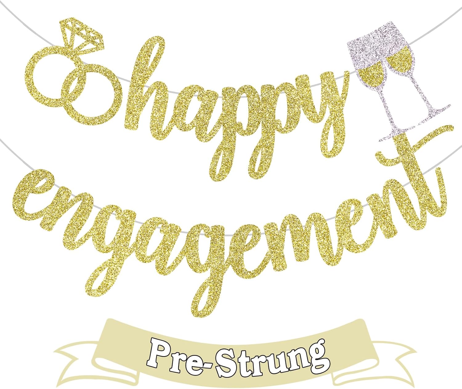 Palasasa Happy Engagement Banner - Gold Glitter Decorations Sign