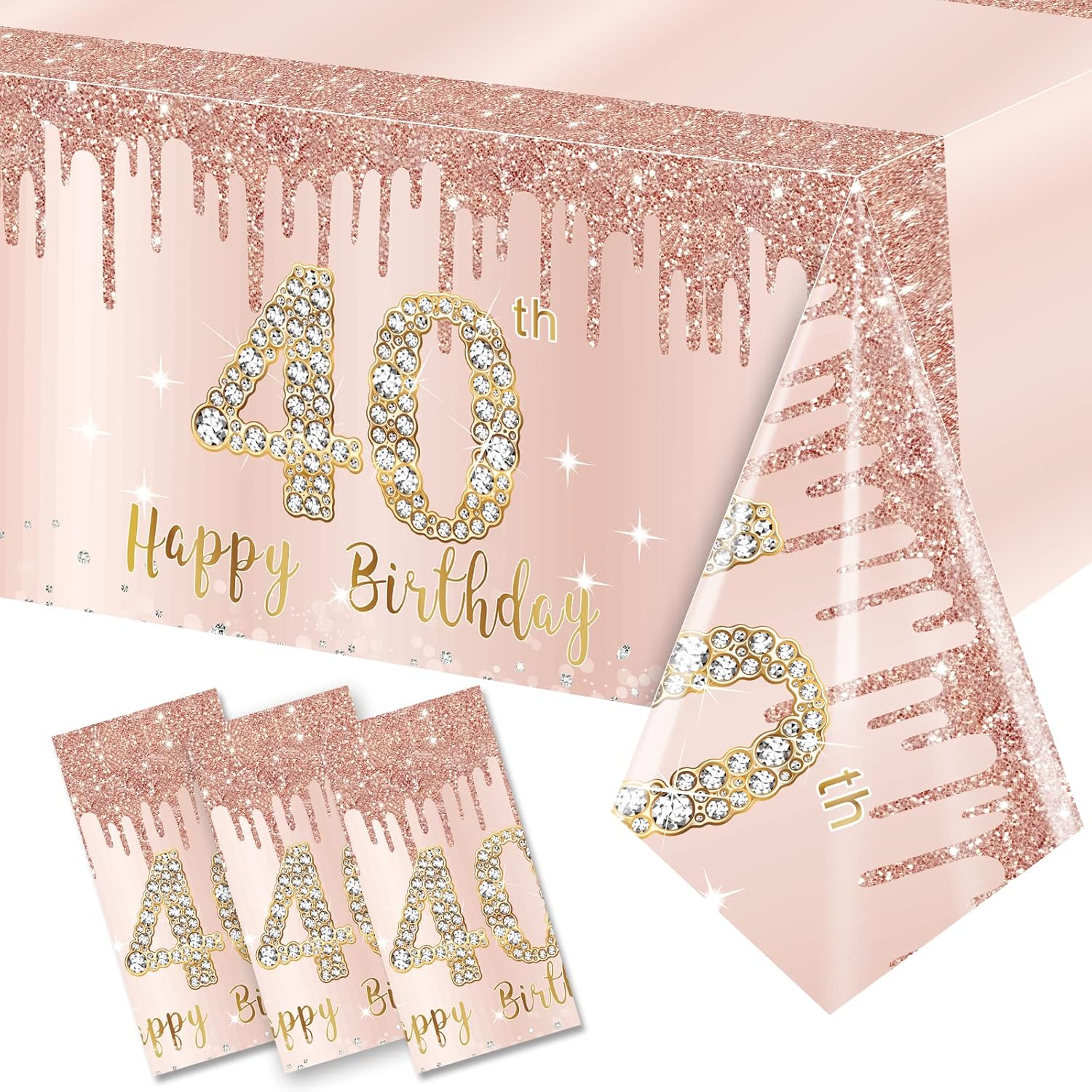 3 Pack Pink Rose Gold 40th Birthday Tablecloths - Disposable Decorations