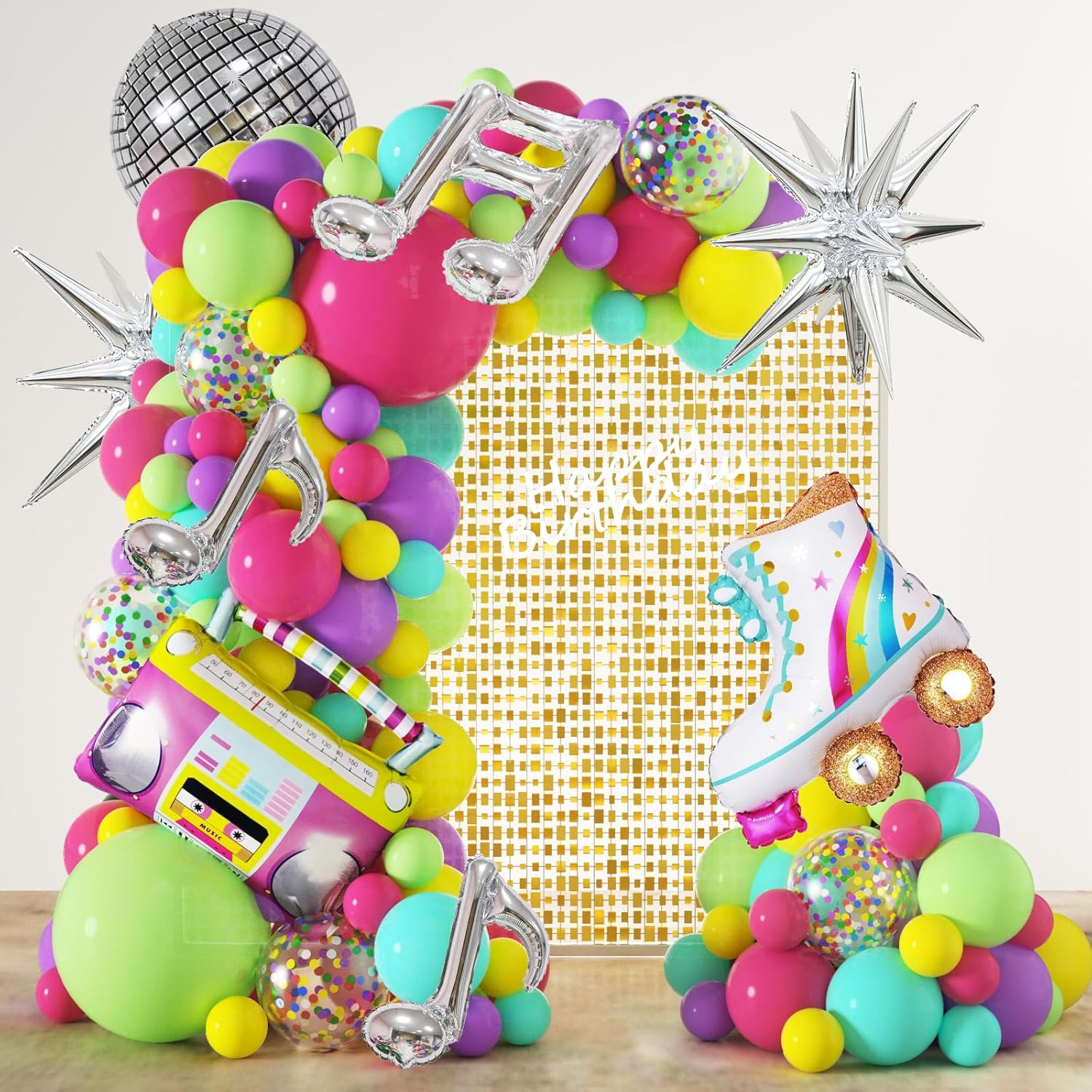 80s 90s Neon Balloons Arch Kit with Confetti Music Note and Disco Ball