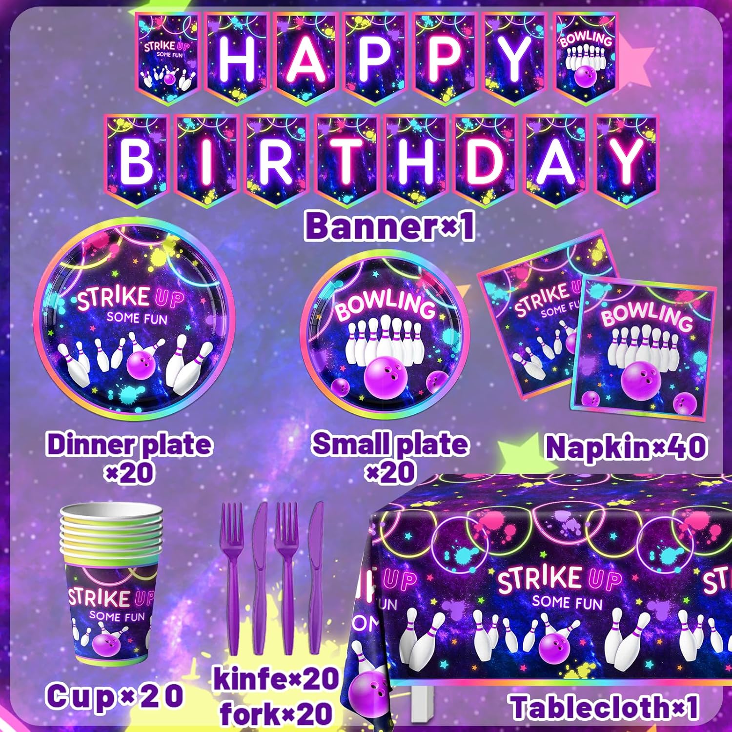 Bowling Party Tableware Set 142Pcs Neon Glow Fun Decorations