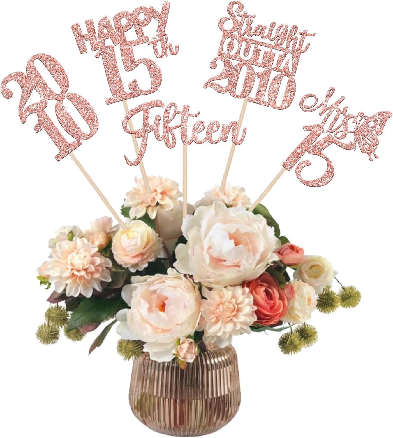 15 PCS Rose Gold 15th Birthday Centerpiece Sticks