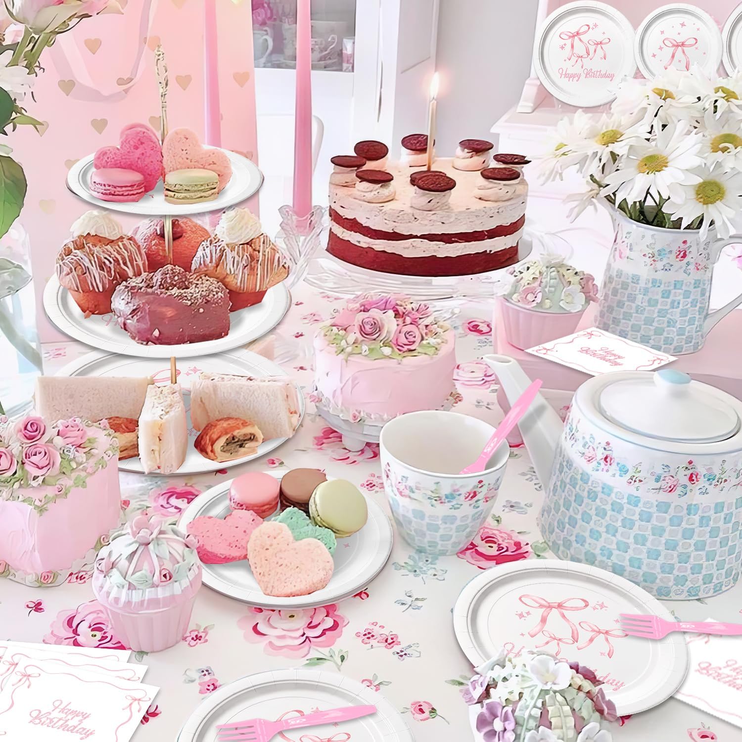 Pink Bow Birthday Party Tableware Set 96Pcs