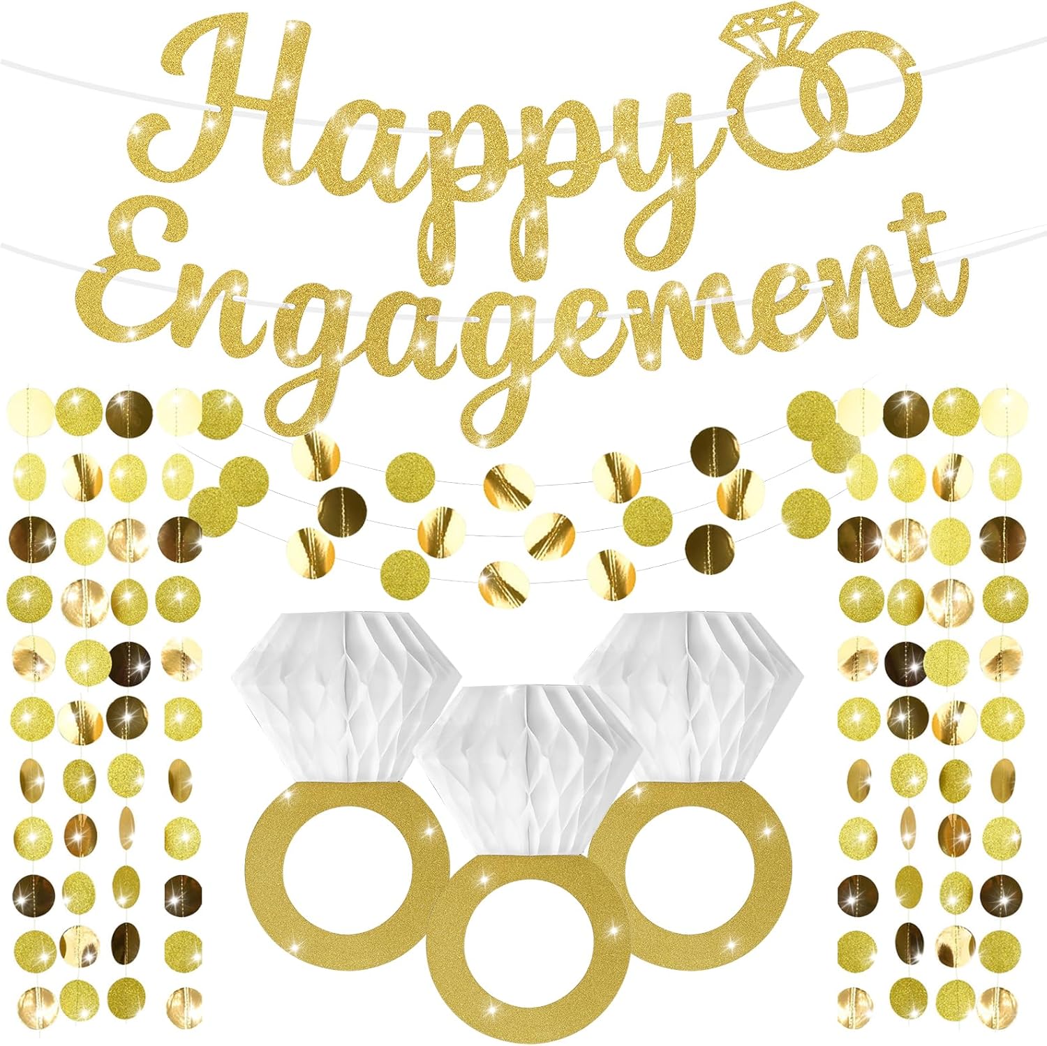 Gold Glitter Happy Engagement Party Banner Decor Set