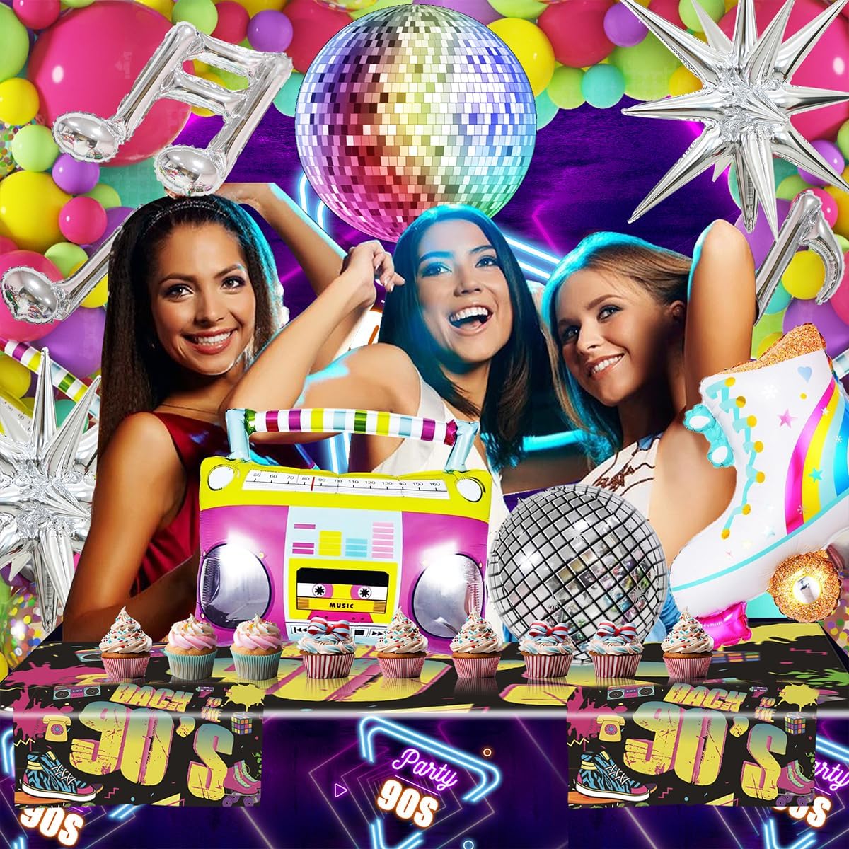 80s 90s Neon Balloons Arch Kit with Confetti Music Note and Disco Ball
