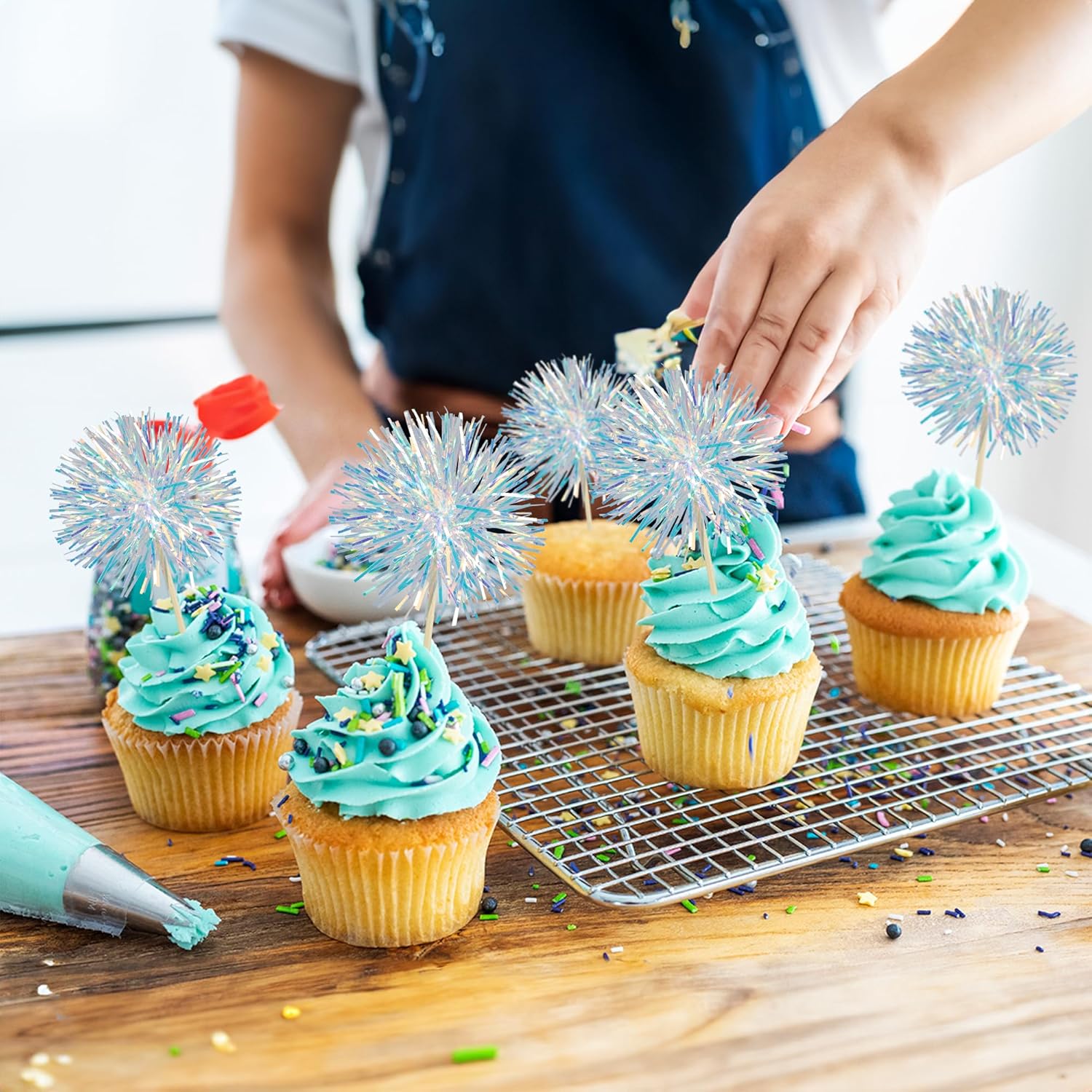 Ephlyn 30Pcs Foil Firework Cupcake Toppers Sparkle Decorations