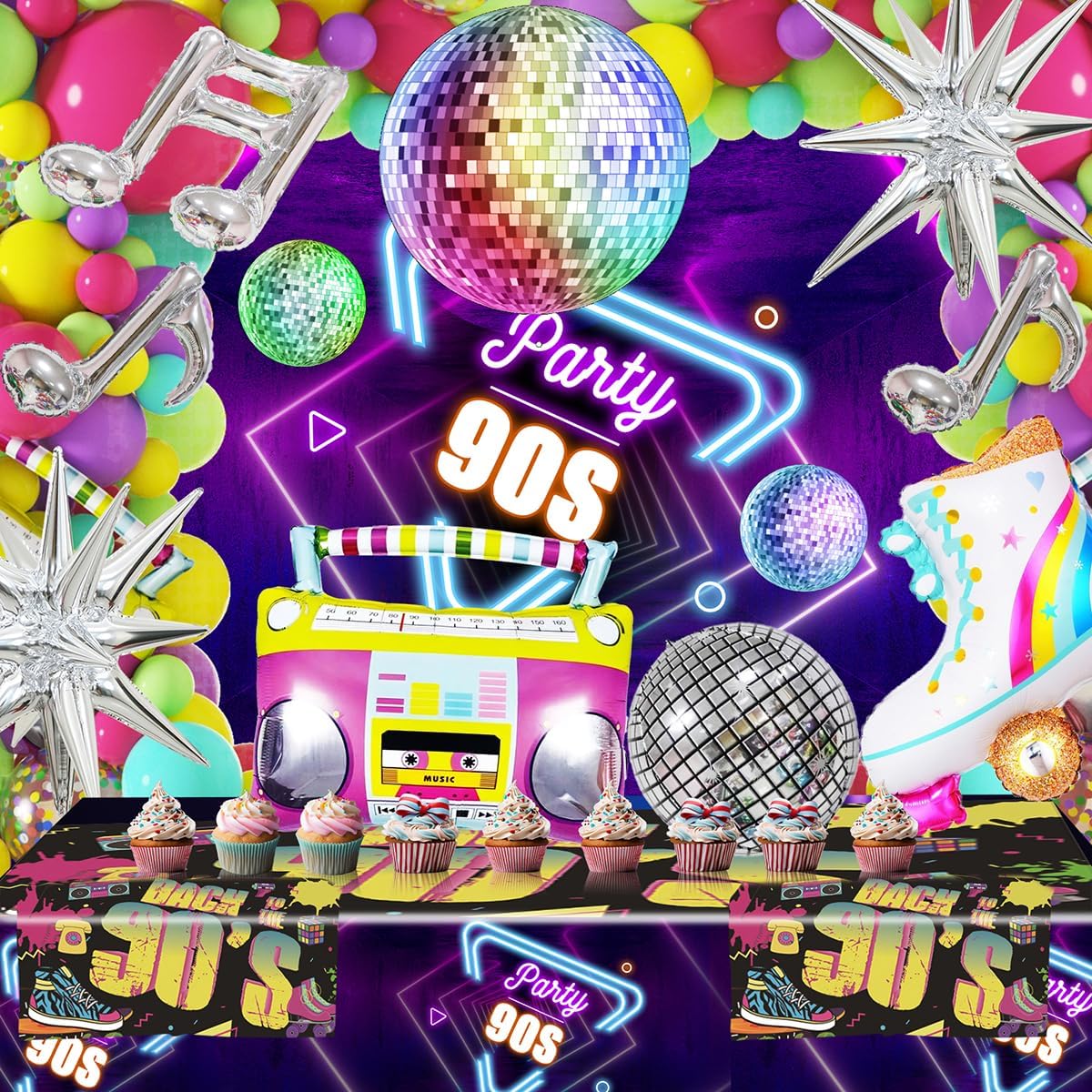 80s 90s Neon Balloons Arch Kit with Confetti Music Note and Disco Ball