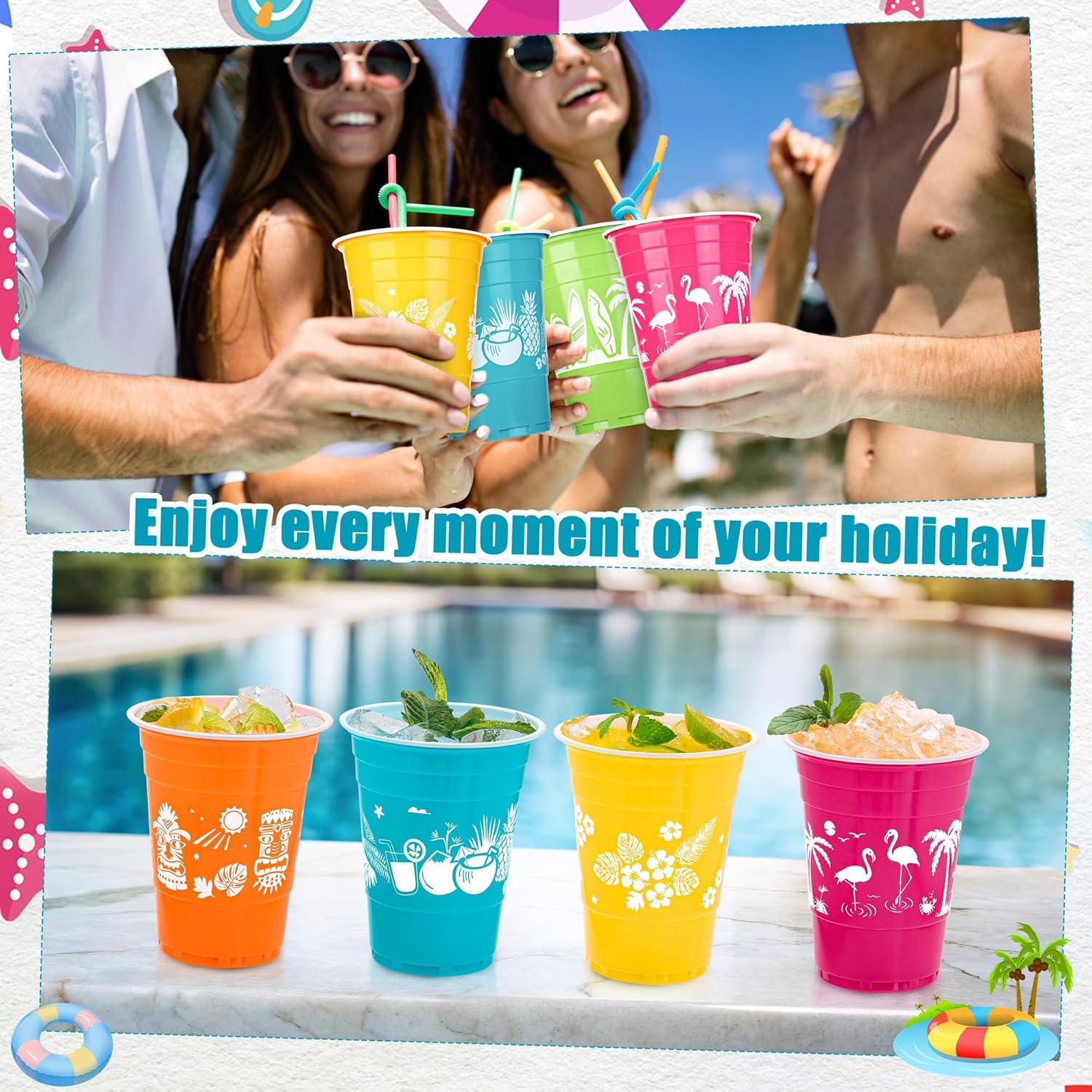 60 Piece Tropical Luau Cups for Parties