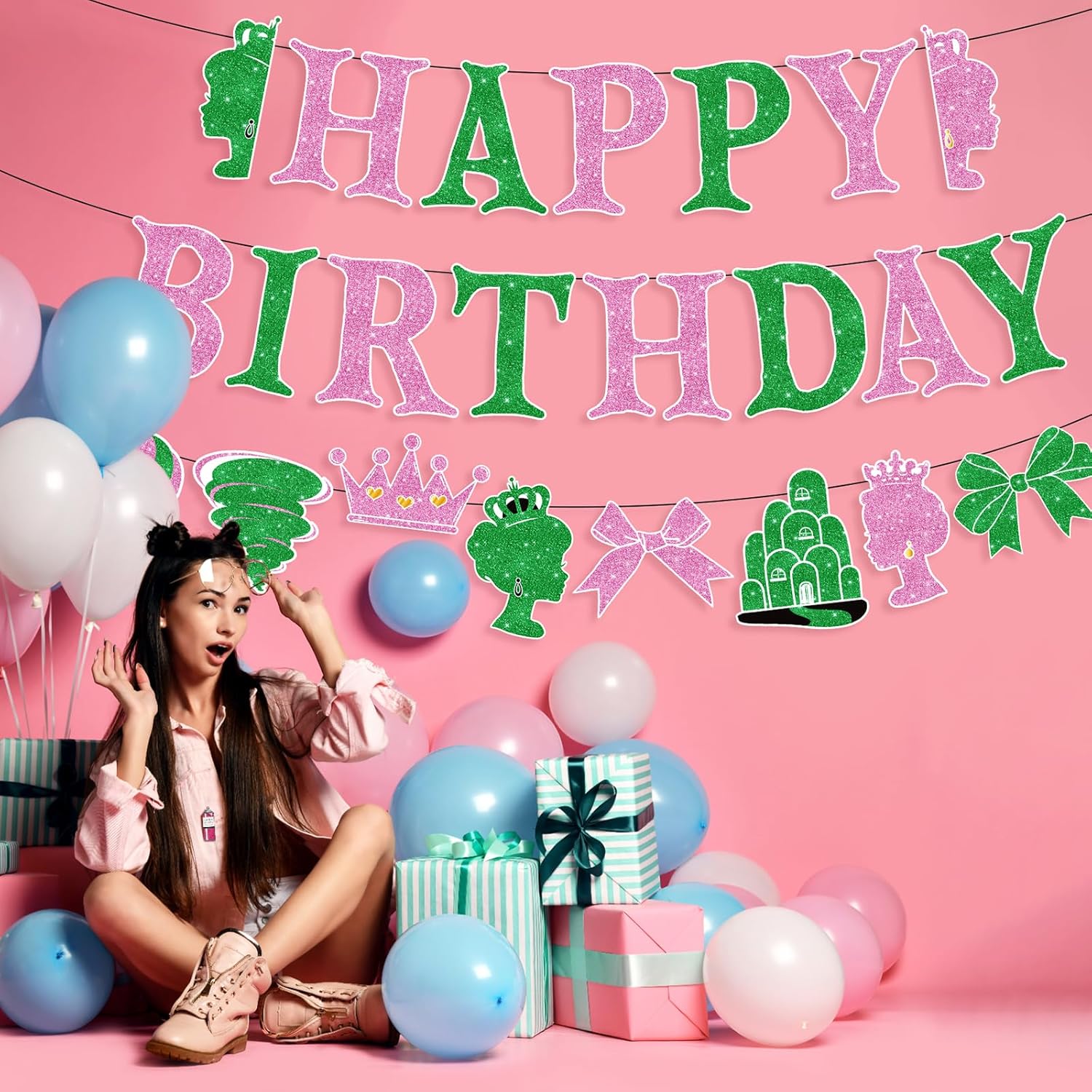 Witch Birthday Banner Pink Green Princess Theme Party Decor
