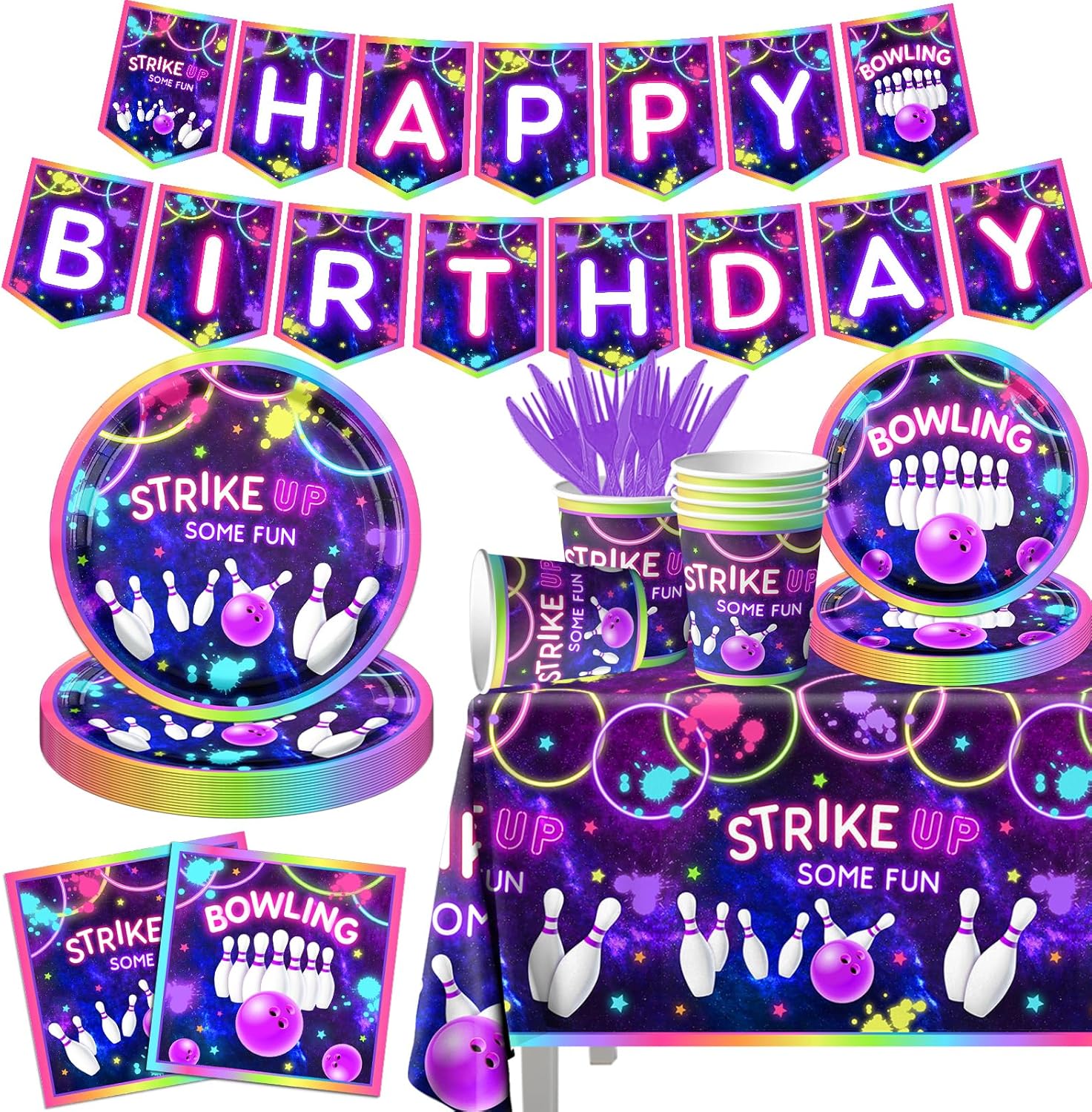 Bowling Party Tableware Set 142Pcs Neon Glow Fun Decorations