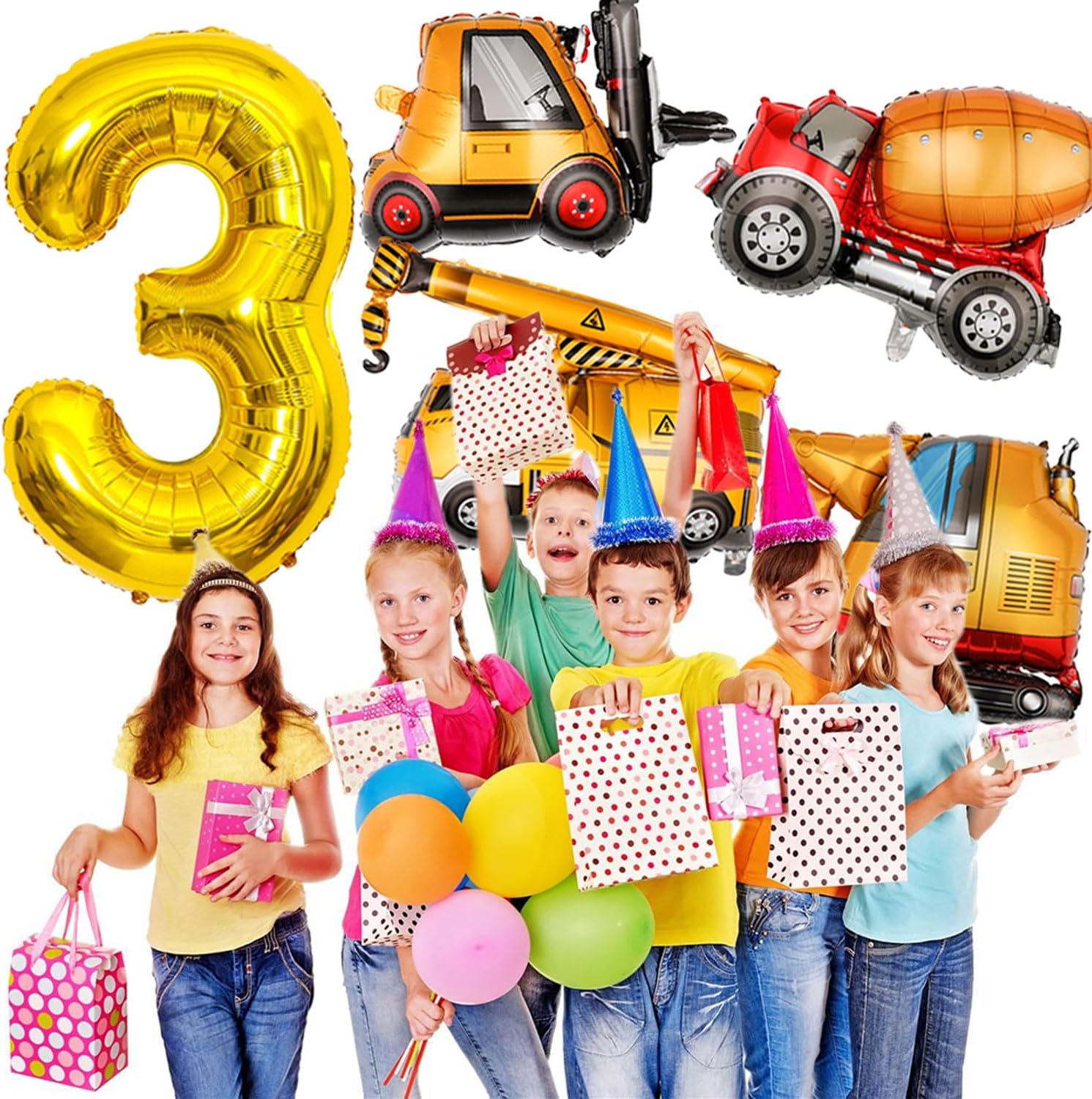 Construction Birthday Balloons 3 Year Old 40Inch Gold