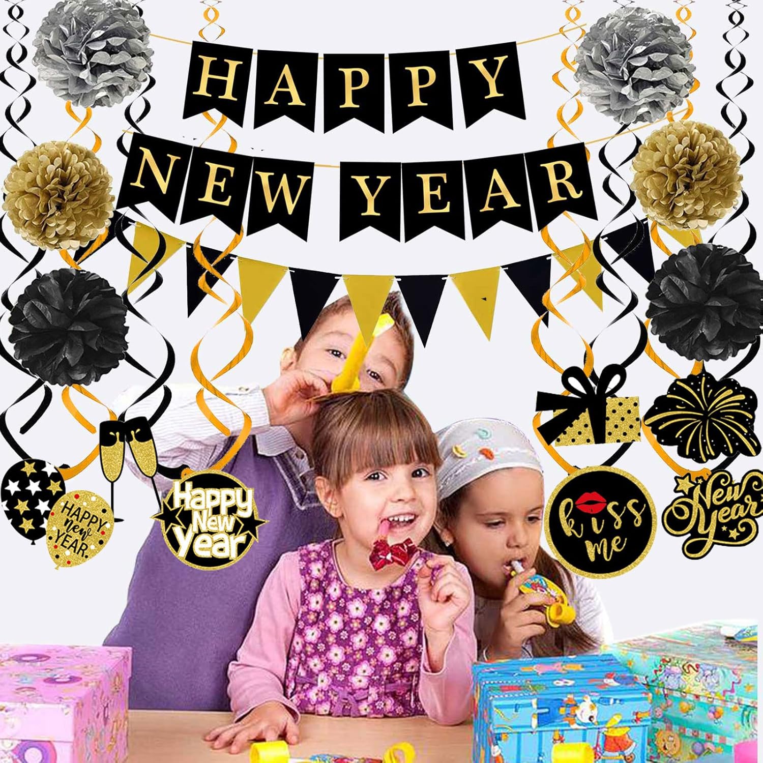 Happy New Year Banner with Pom Poms and Triangle Flags
