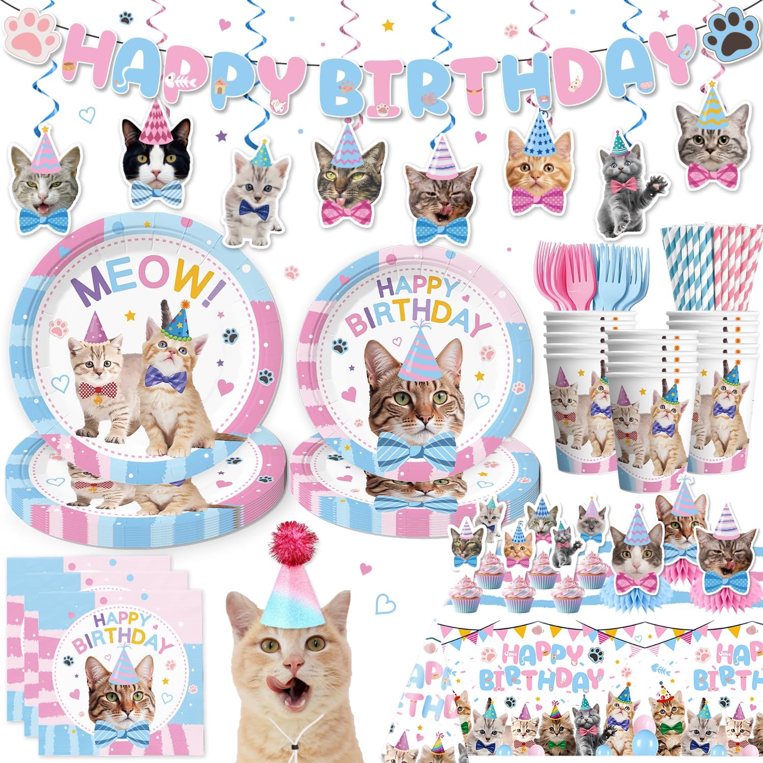 177pcs Cat Birthday Decorations Set for Kitten Girls Party