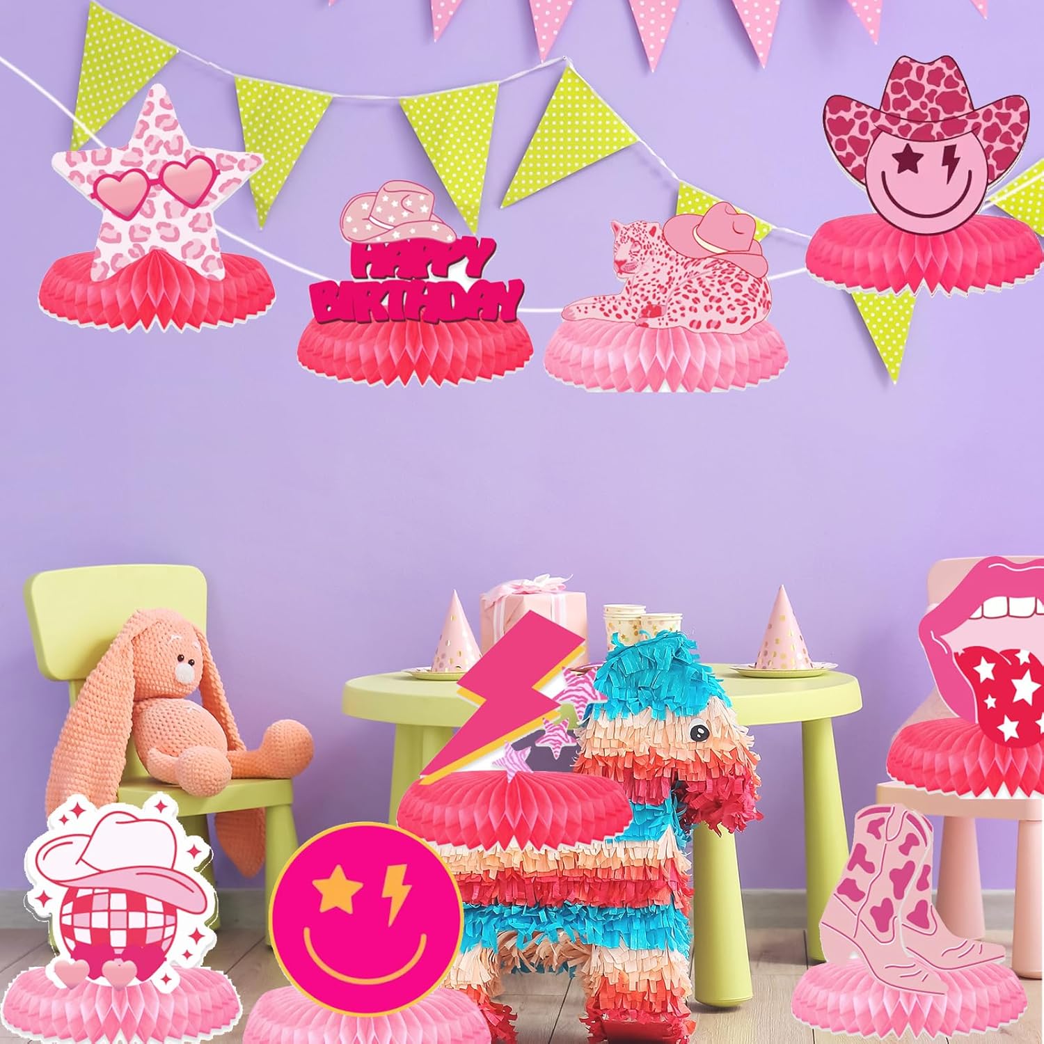 9Pcs Preppy Party Centerpieces Hot Pink Honeycomb Decorations