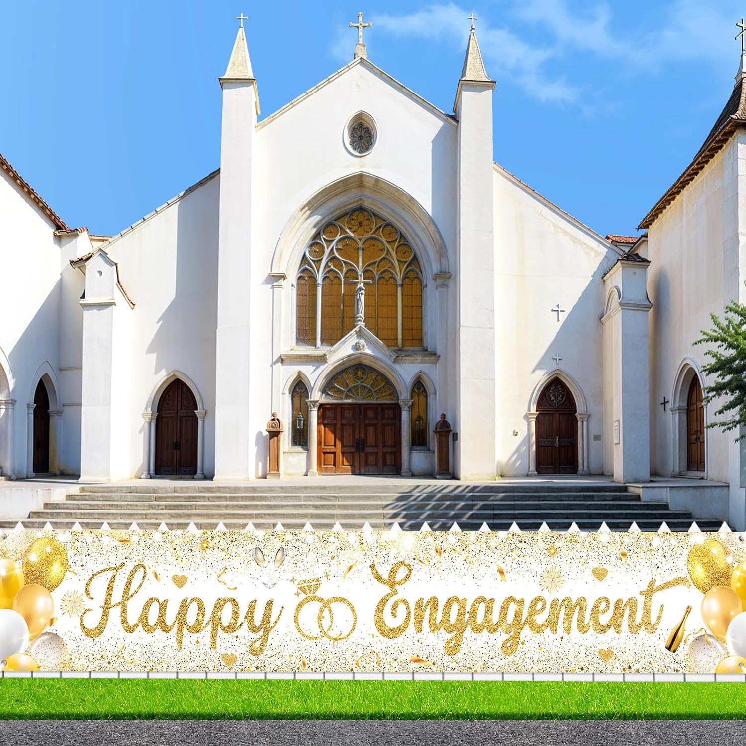 Gold Engagement Party Decorations Happy Engagement Yard Banner Backdrop