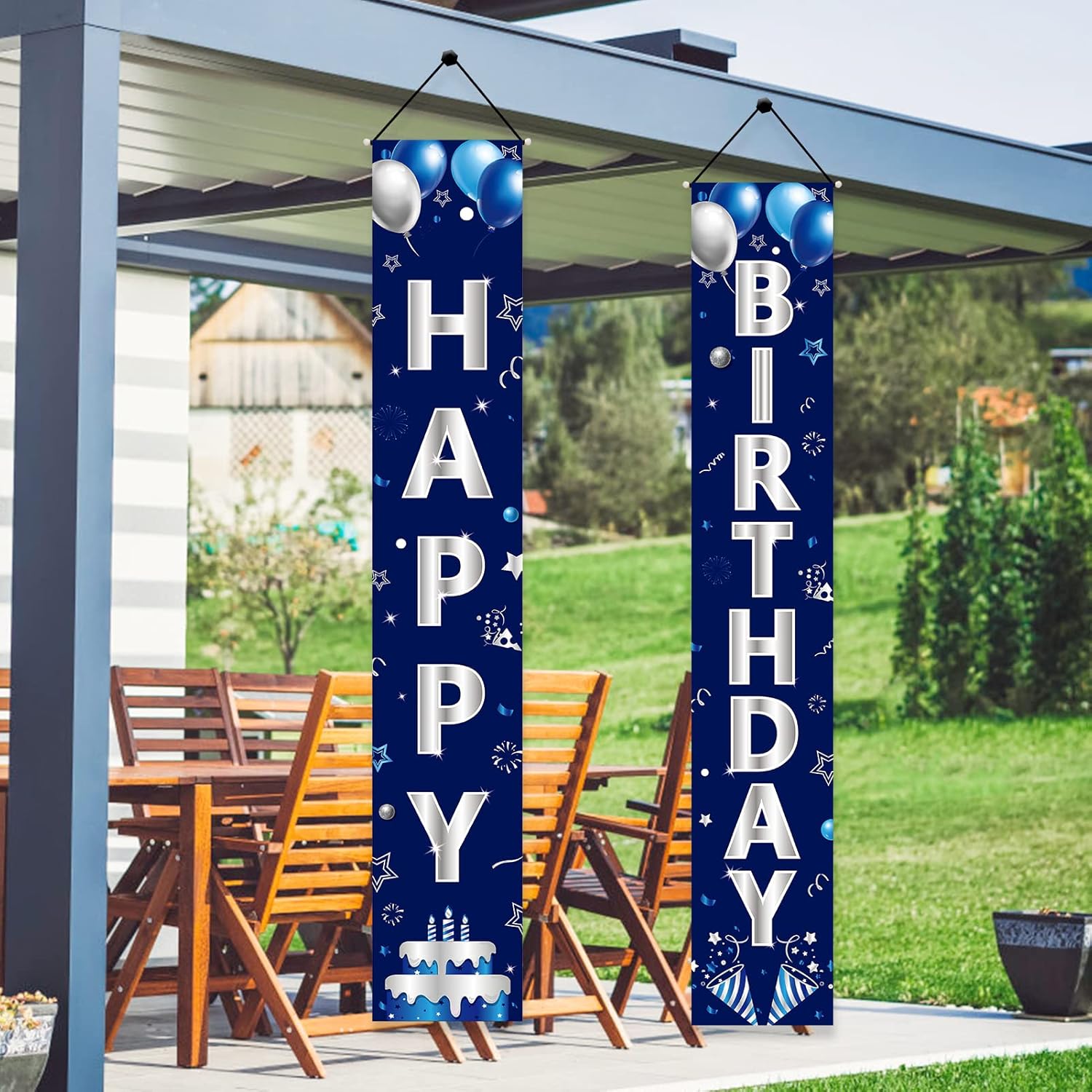 Turypaty Blue Silver Happy Birthday Door Banner Decorations