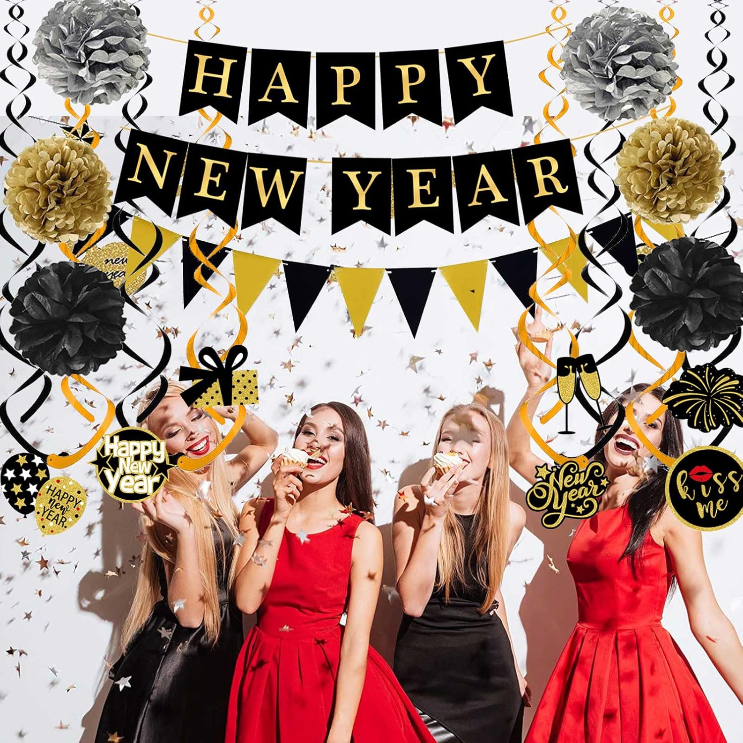 Happy New Year Banner with Pom Poms and Triangle Flags