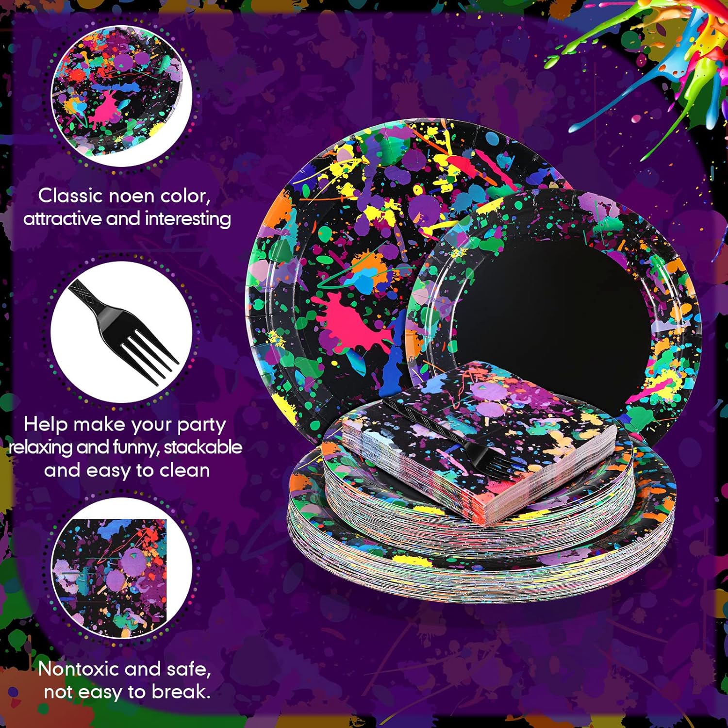 Baderke Neon Glow Party Tableware Set 192 Pcs