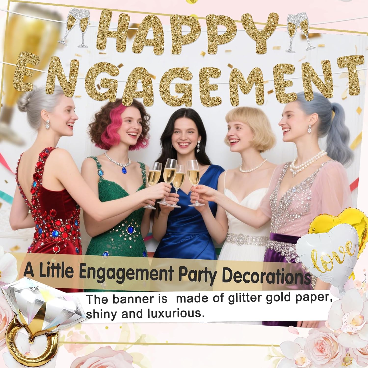 Champagne Gold Happy Engagement Banner Set