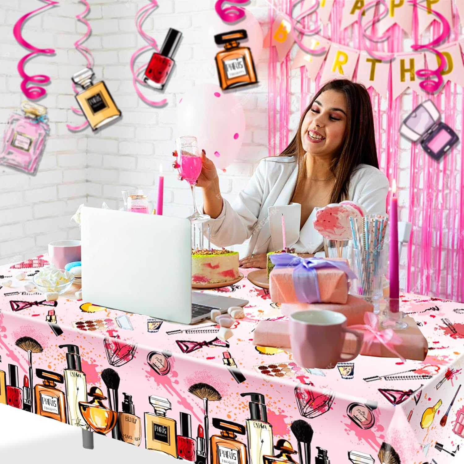 2 Pack Spa Makeup Party Tablecloths - Waterproof Pink Cosmetics Themed