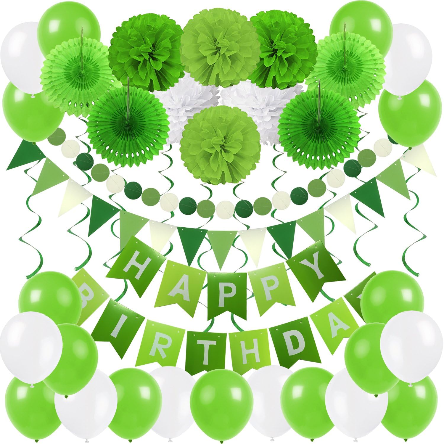 ZERODECO Birthday Party Decor Green White Banner Fans Poms Balloons