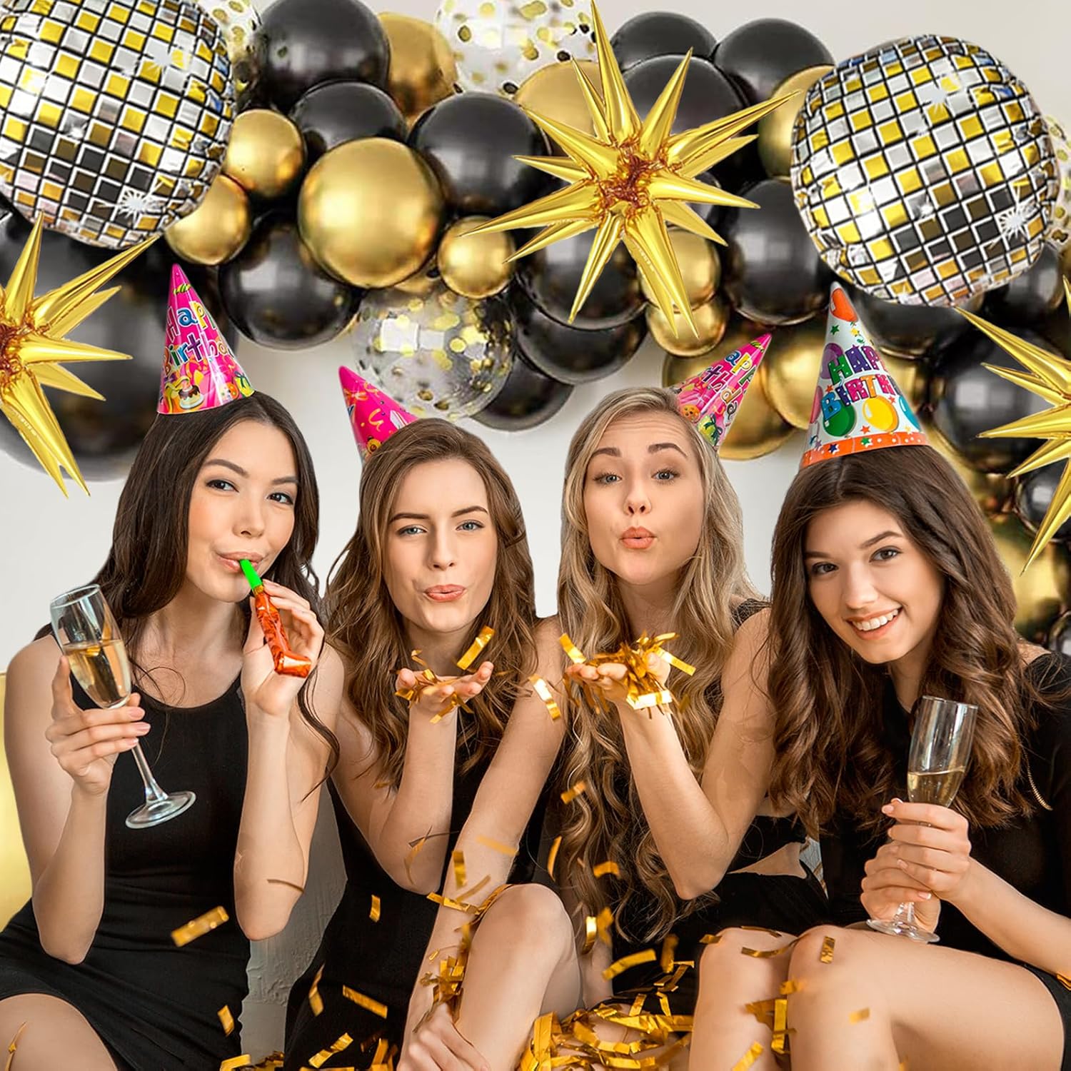 Black and Gold Balloon Garland Arch Kit with Starburst Foil Balloons