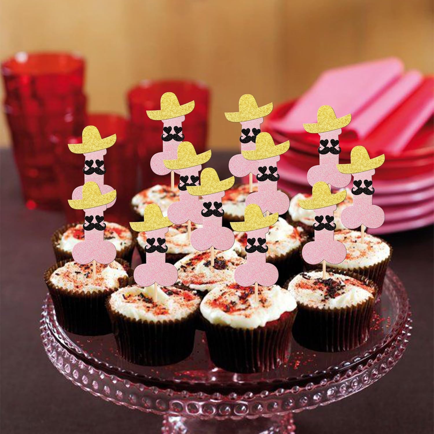 ZHUOWEISM 24pcs Pink Cupcake Toppers with Glitter Hats Beard