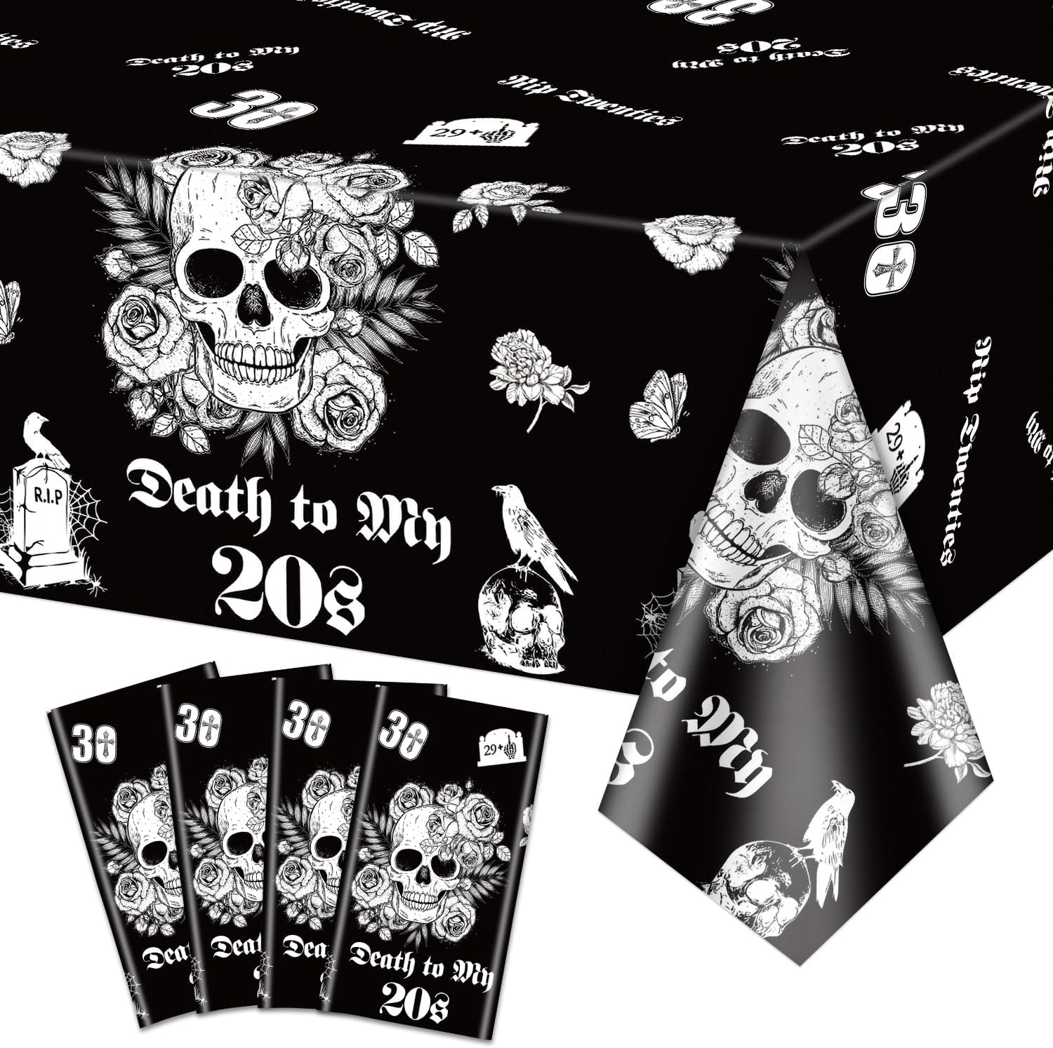 Death to My 20s 4Pcs Tablecloths Black 30th Birthday Decorations