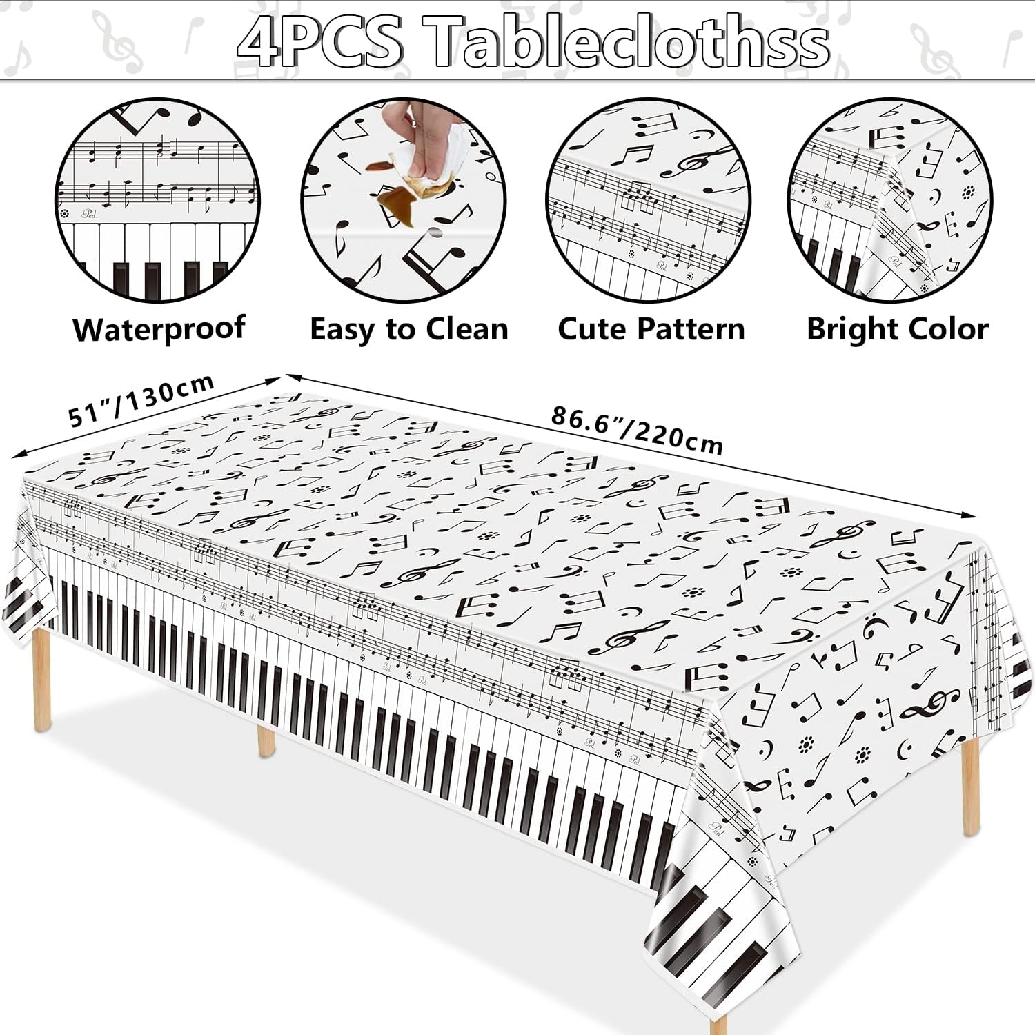 4 Pack Musical Notes Tablecloths - Black and White Party Decorations