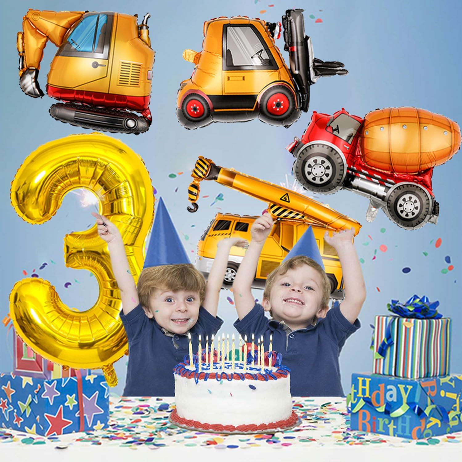 Construction Birthday Balloons 3 Year Old 40Inch Gold