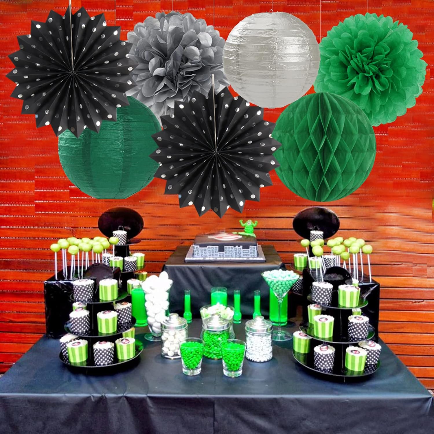 Black-Green Silver Party Decor Streamers Lanterns 14pcs Set
