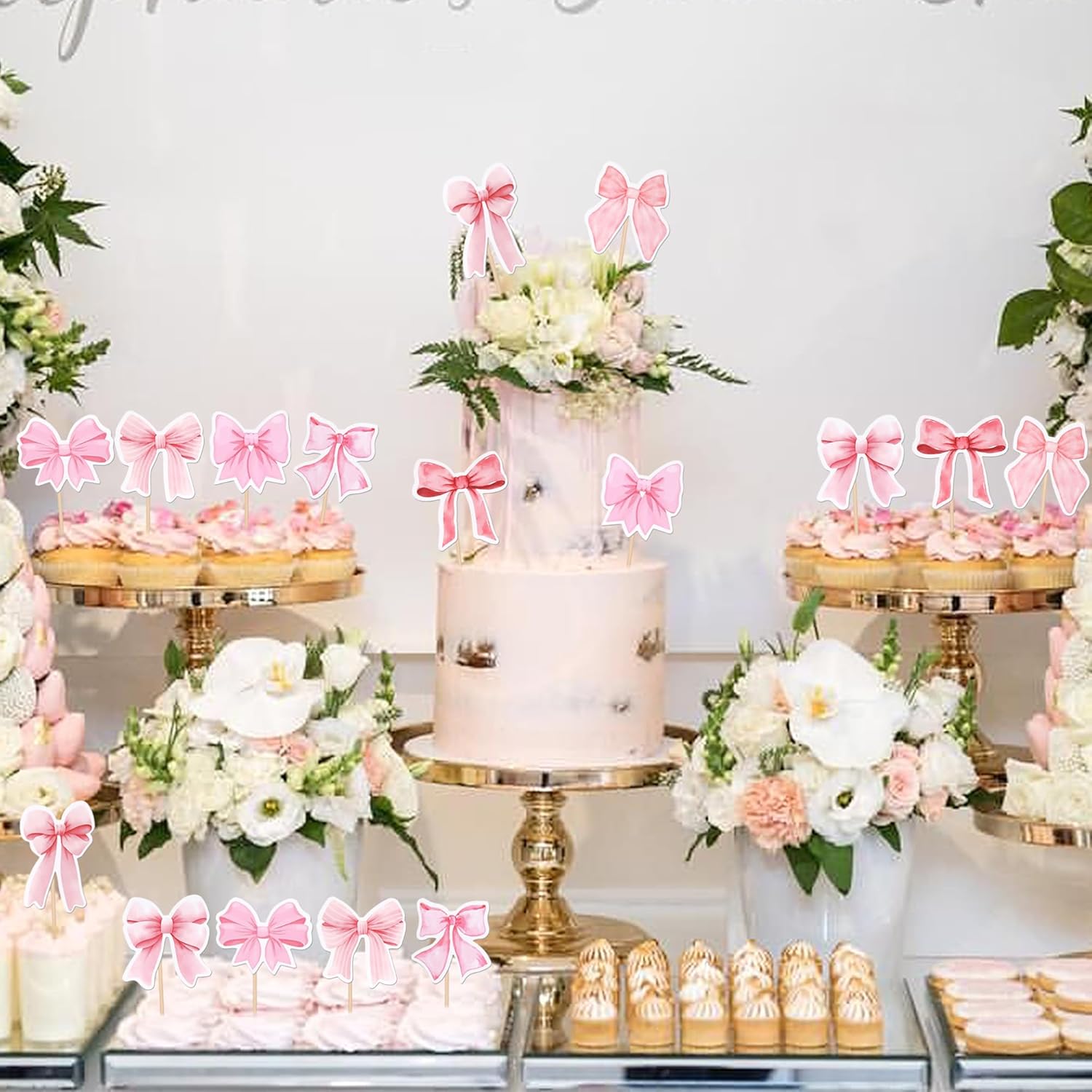 40 Pink Bow Cupcake Toppers for Party Decorations