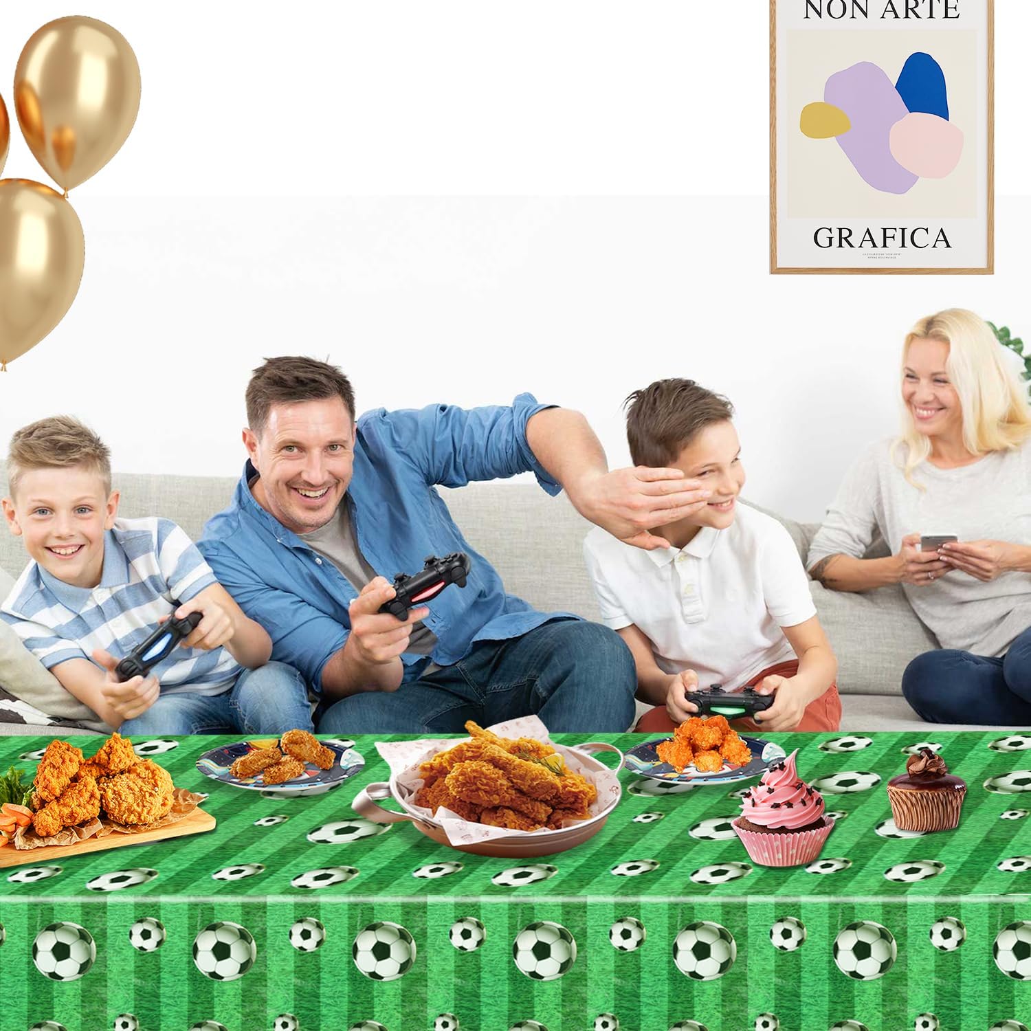 3 Pcs Soccer Party Tablecloth 54x108 Inches Green Soccer Field Tablecover