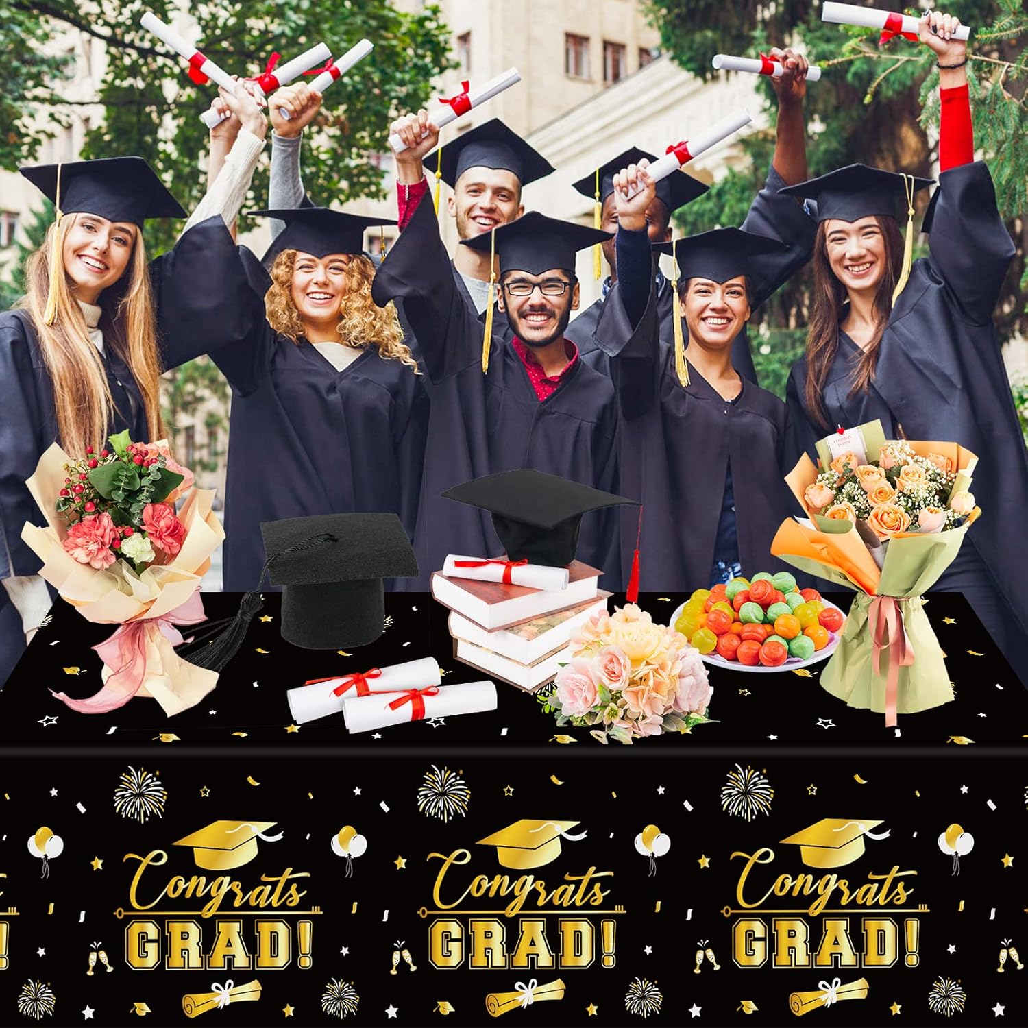 3 Pcs Graduation Tablecloth - Black Gold 54x108 Inch