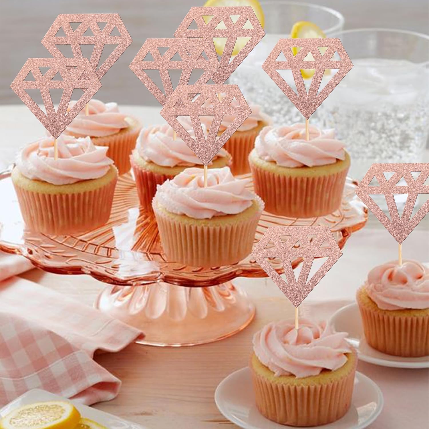 36 PCS Diamond Cupcake Toppers Rose Gold Glitter Cake Decorations