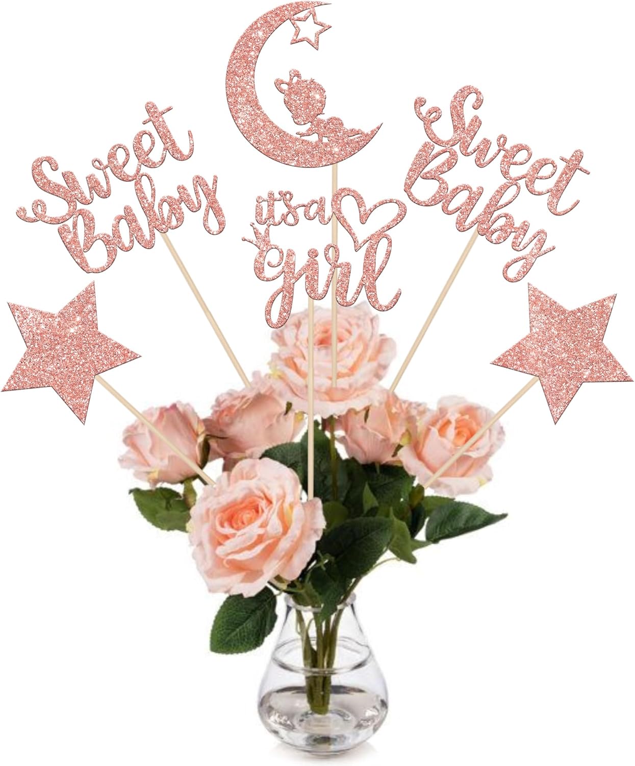 12 PCS Sweet Baby Girl Centerpiece Sticks with Rose Gold Moon Glitter