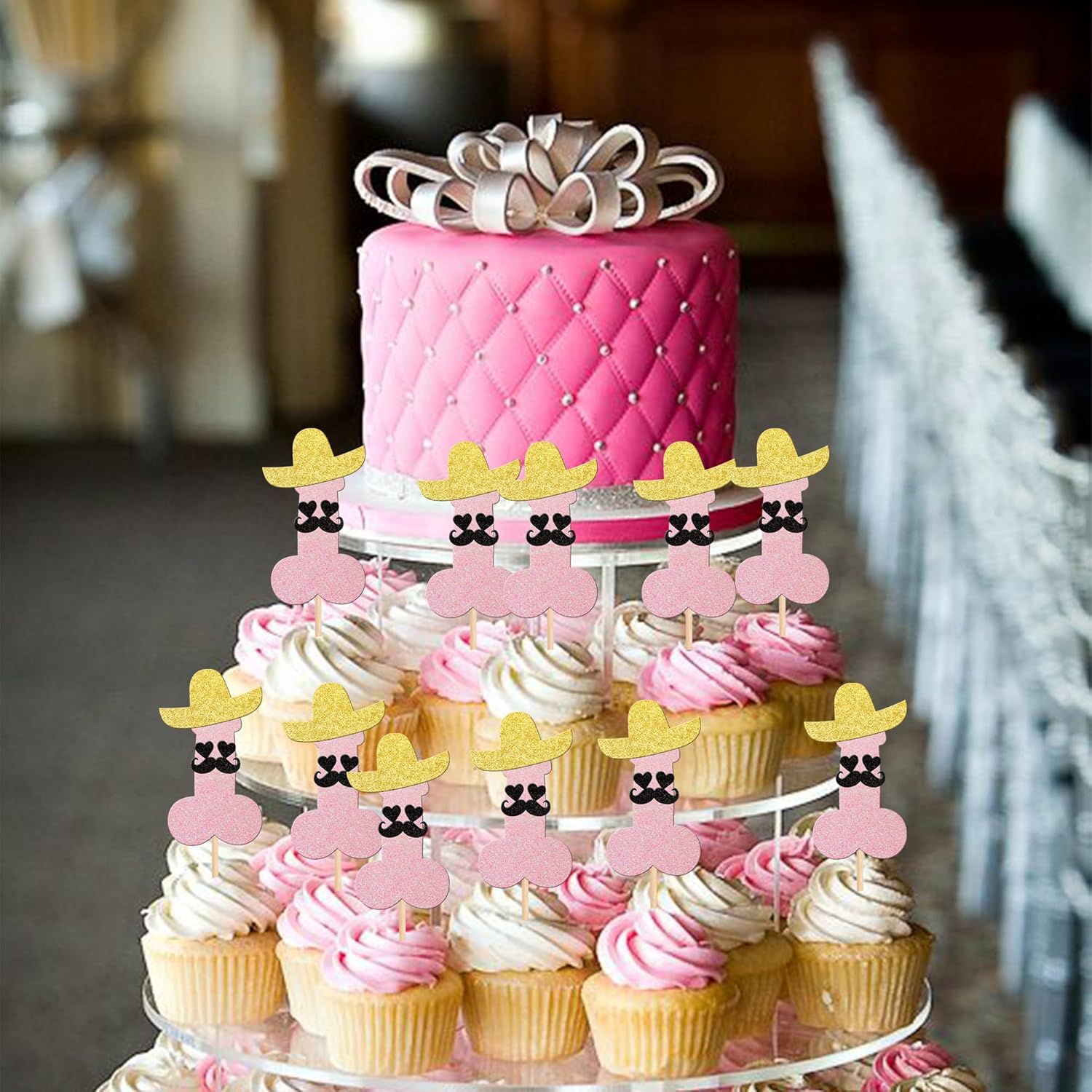 ZHUOWEISM 24pcs Pink Cupcake Toppers with Glitter Hats Beard