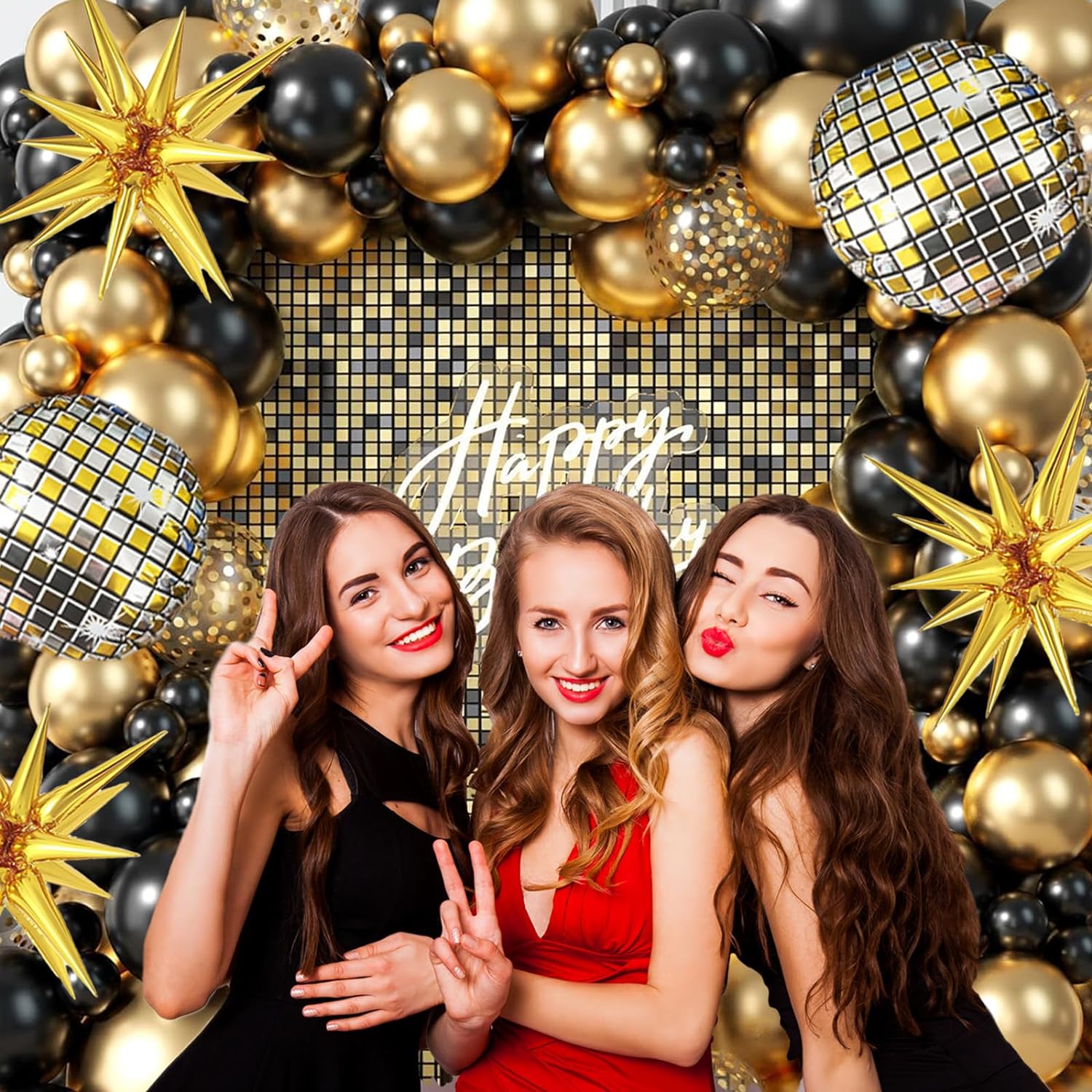 Black and Gold Balloon Garland Arch Kit with Starburst Foil Balloons