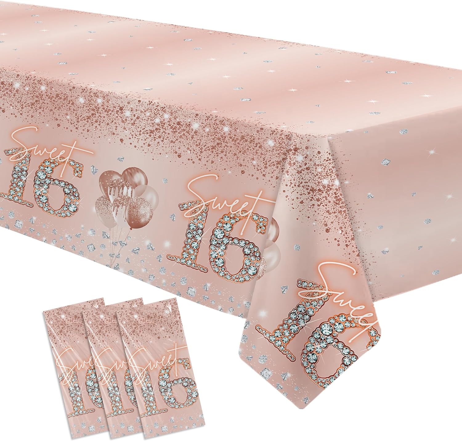 Rose Gold Sweet 16 Party Tablecloth 3 Pack