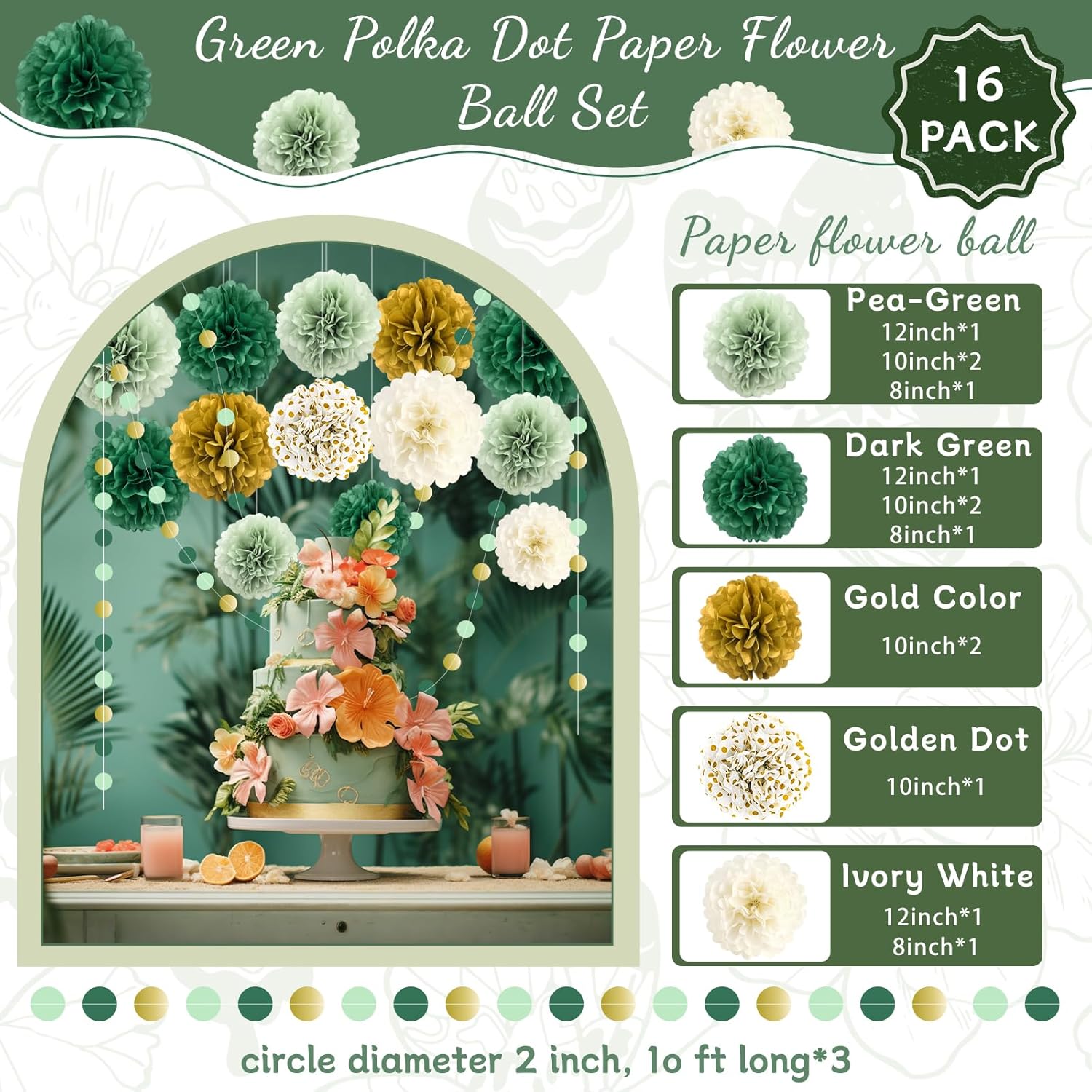Green Wedding Party Decorations Set 16PCS Tissue Pom Poms Garland