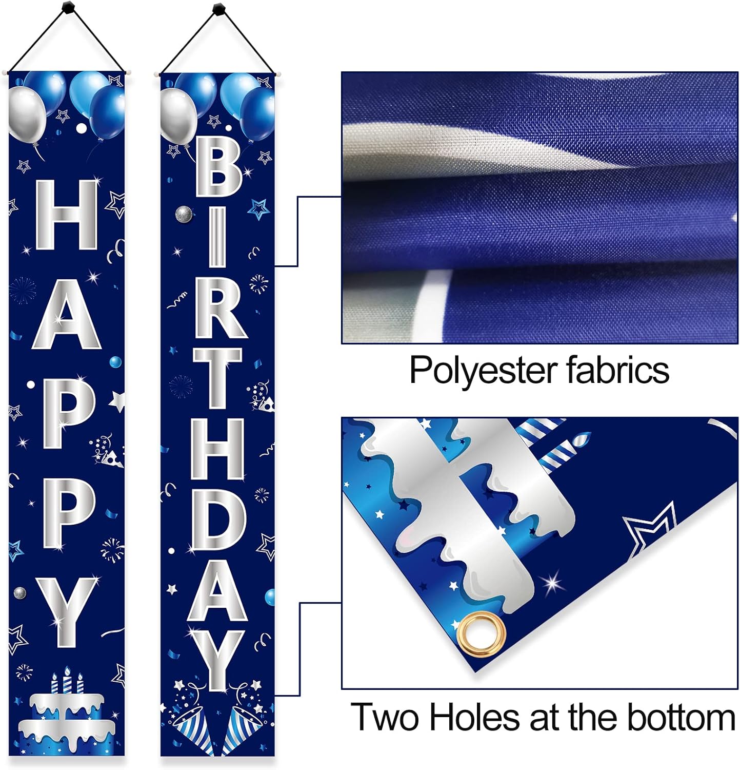 Turypaty Blue Silver Happy Birthday Door Banner Decorations
