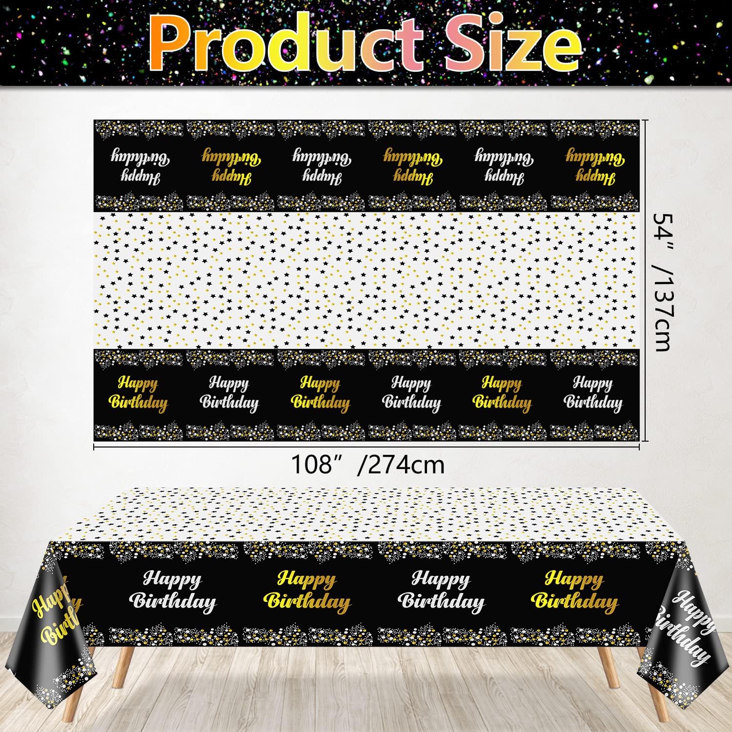 4 Pack Happy Birthday Tablecloths Black Gold Decor 54x108 Inch