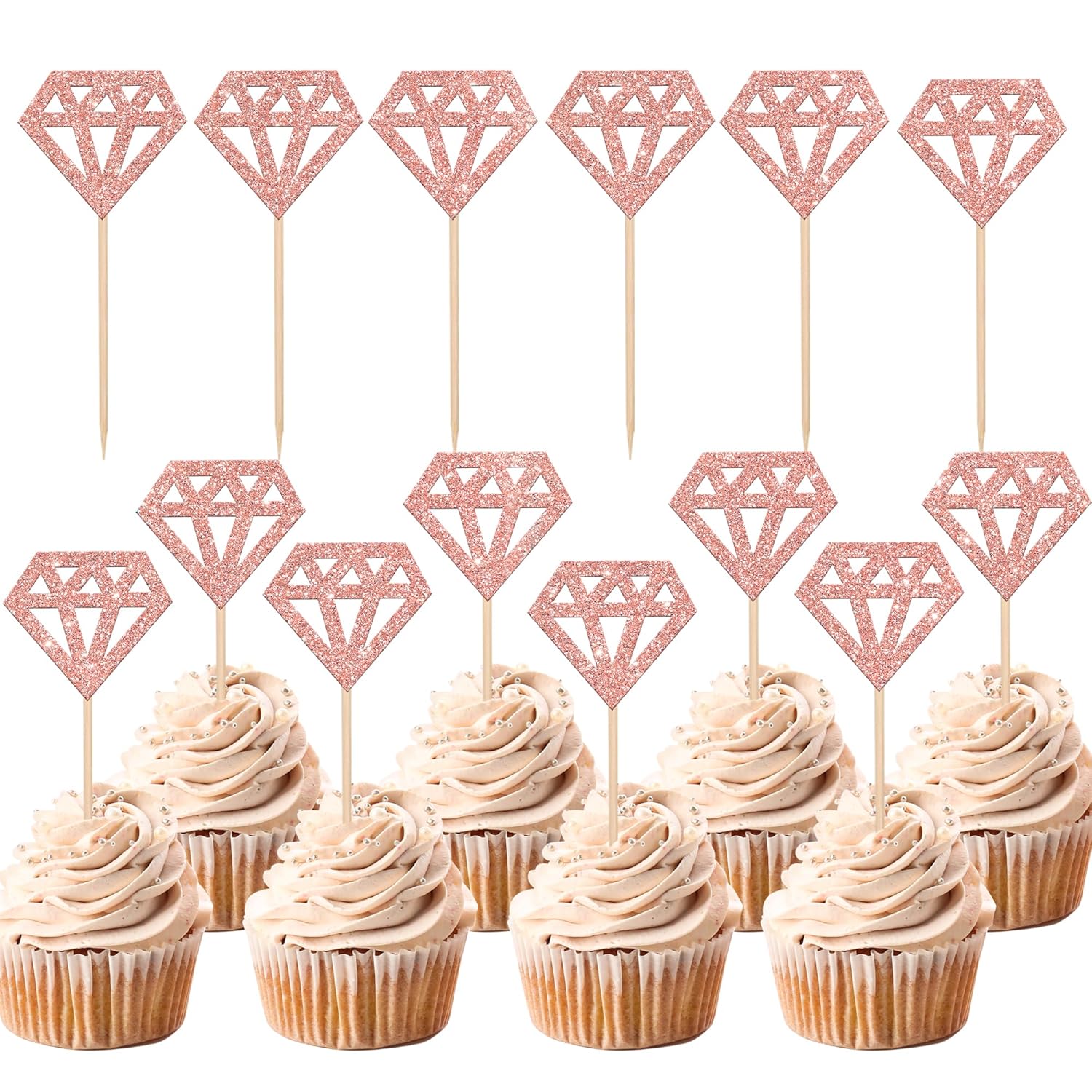 36 PCS Diamond Cupcake Toppers Rose Gold Glitter Cake Decorations