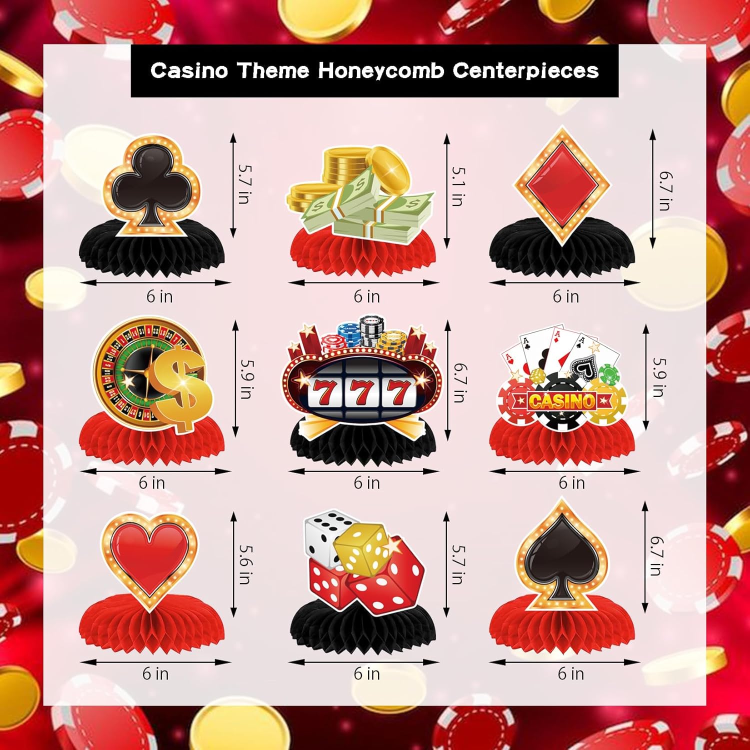 9Pcs Casino Theme Honeycomb Centerpieces